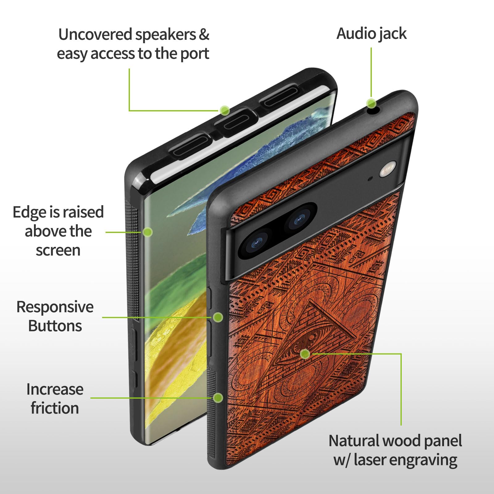 Carveit Cover Compatibile per Pixel 8 Pro Custodia Naturale Legno Ultra Sottile e Morbido TPU Protettiva per Google Pixel 8 Pro Case (Legno nero-Felce in stile vintage