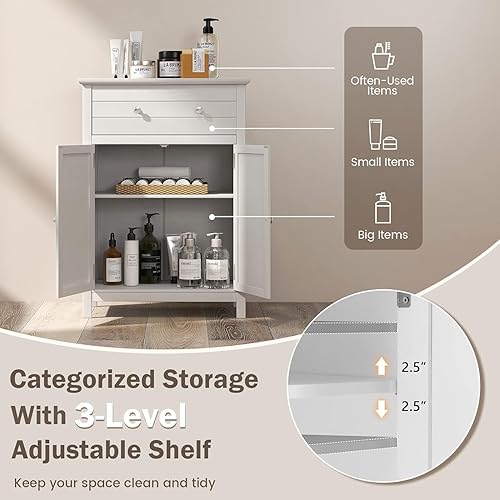 Miniatura 5 de GOFLAME Gabinete de almacenamiento de madera para baño, moderno armario organizador de baño con estante ajustable de 3 alturas, cajón y estante de 2