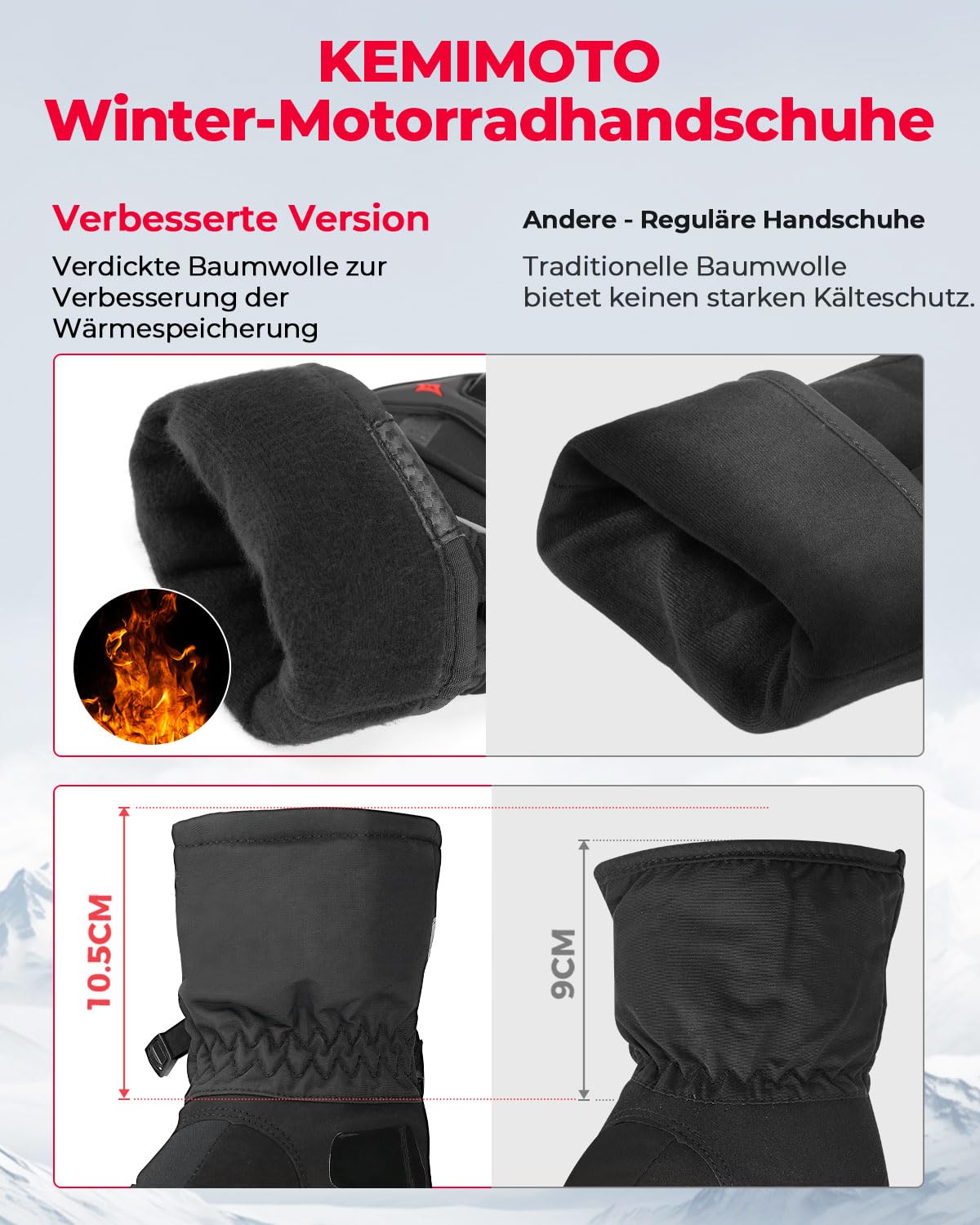 KEMIMOTO Winter Motorradhandschuhe, geprüfte Motorradhandschuhe,Motorrad Handschuhe Winter, Touchscreen Handschuhe, Wasserdicht, für Motorradfahren, Skifahren, Roller
