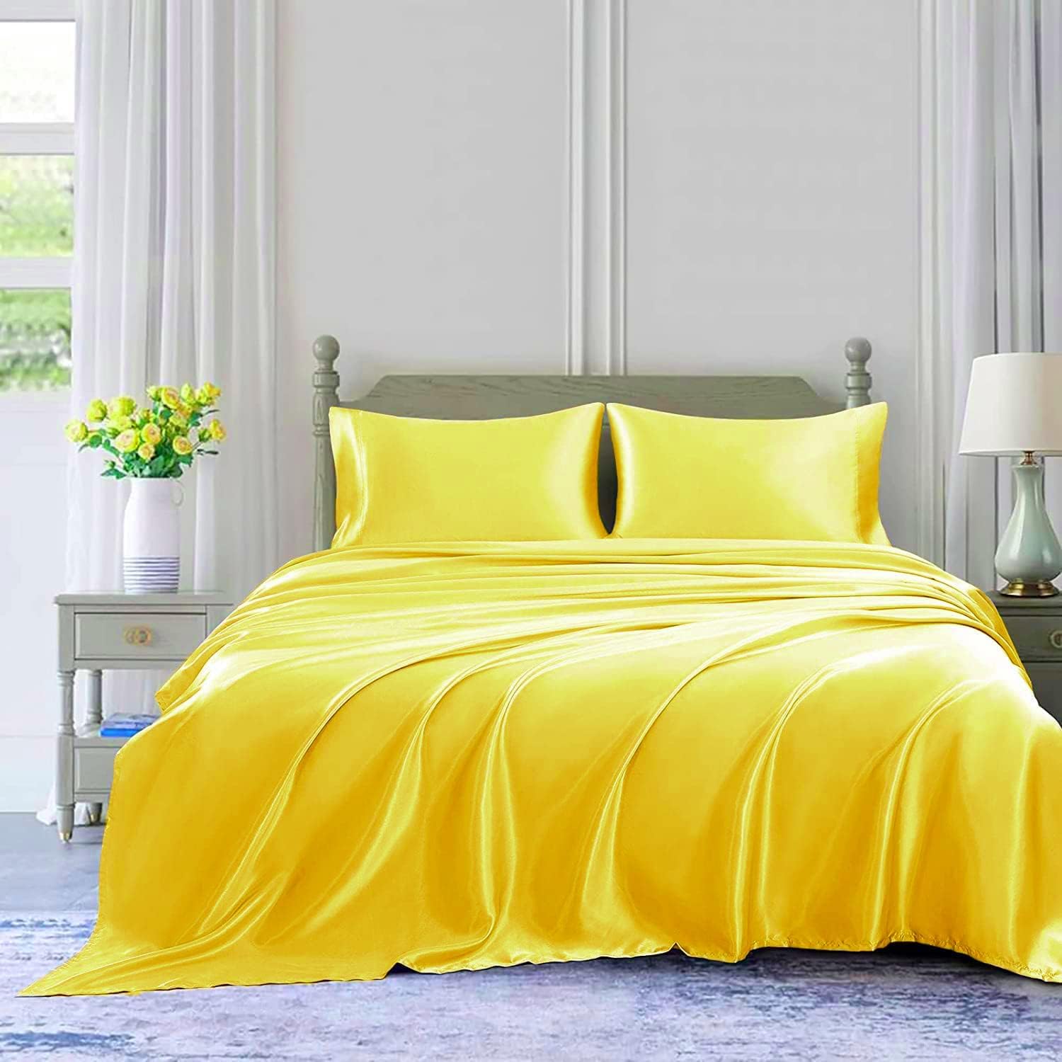 4 Piece Satin Sheet Set Bed Set Queen Size Bed Set 4 Piece Yellow Durable & Soft (Flat Sheet + Fitted 18'' + 2 Pillowcases) Bed in a Bag Satin Sheet
