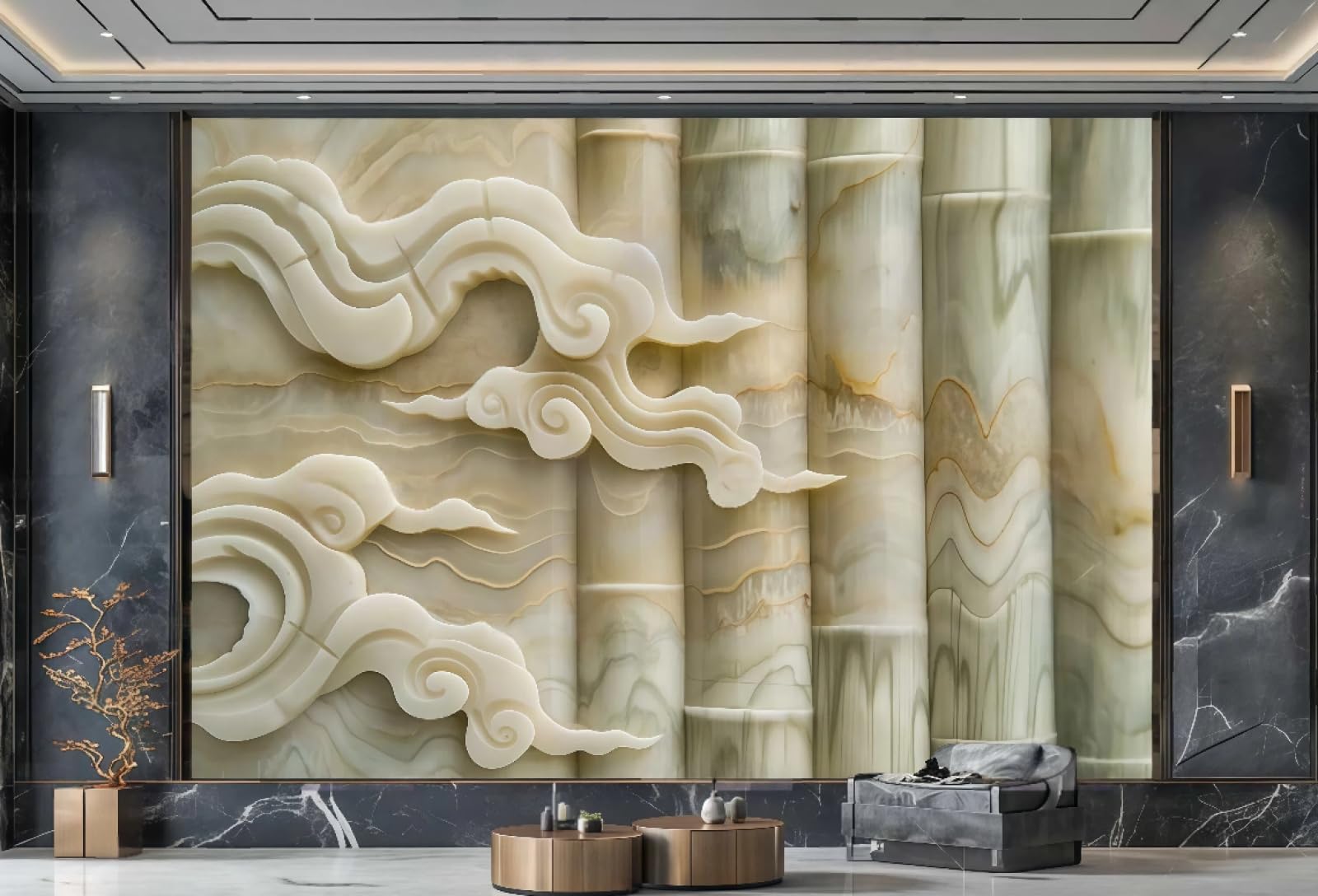 Nowoczesna tapeta ścienna jasnożółta Xiangyun kolumna jadeitowa marmurowa telewizor obraz sofa tło ściana sypialnia salon gabinet mural, 3D, 400 x 280 cm