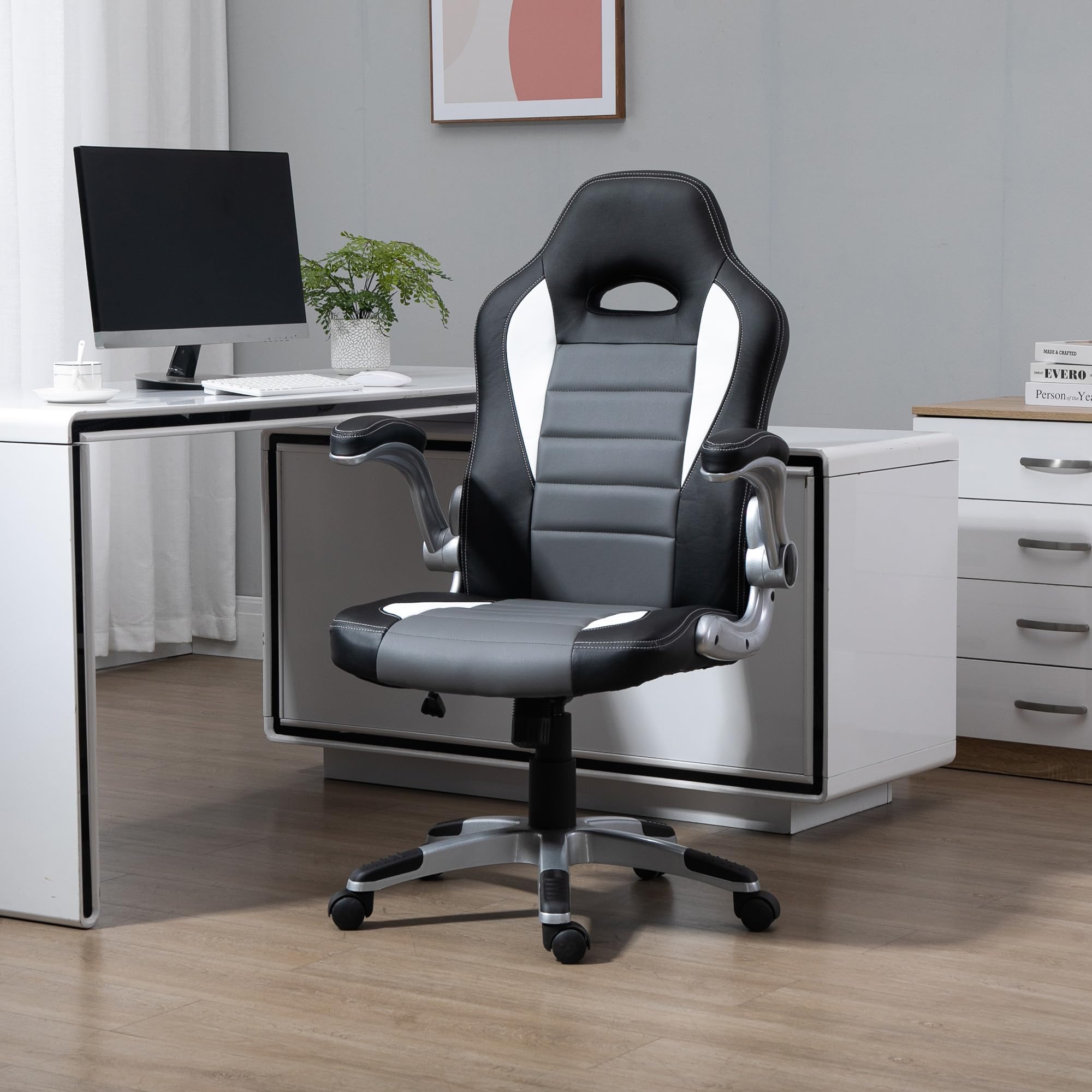 HOMCOM Silla de Oficina Silla de Escritorio Ajustable Silla de Despacho con Reposabrazos Abatibles 5 Ruedas y Función Basculante Carga 120 kg 65x69x112-122 cm Gris