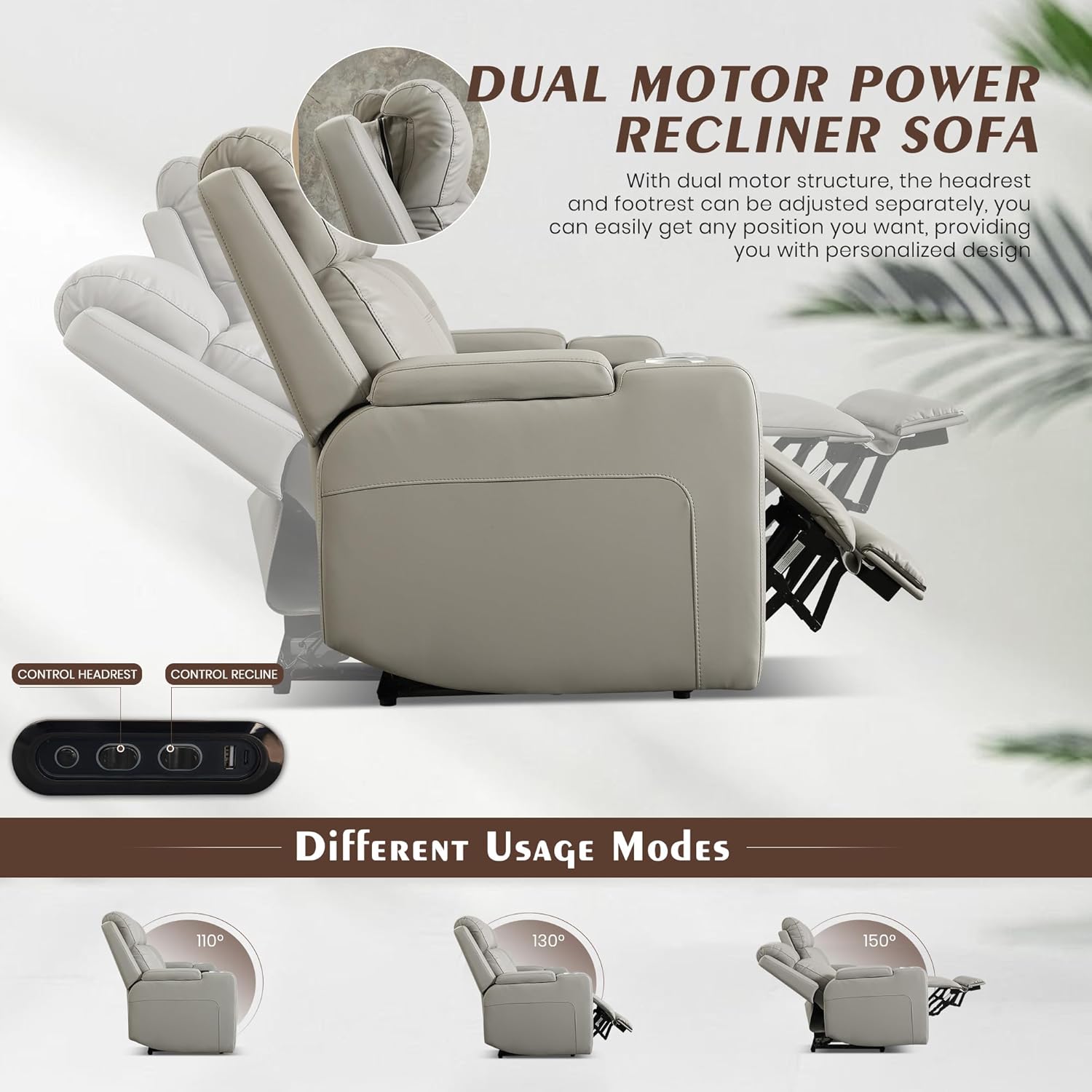 Dual Motor Power Reclining Loveseat with Wireless Charge, Power Loveseat Recliner Sofa with Adjustable Headrest/LED Light/Armrest Storage, Wall Hugger Couches for Living Room (Grey, 2 Seater)