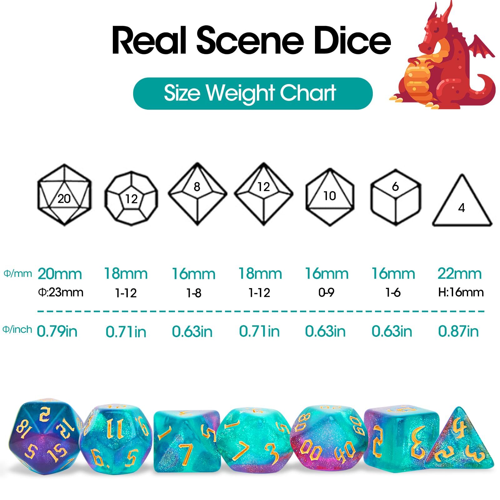 DND Lot de 7 dés polyédriques avec sac à dés noir pour jeux de rôle D&D, RPG, MTG, jeux de table, dés polyédriques pour jeux de Donjons et Dragons (vert et violet + dés nébuleuses)