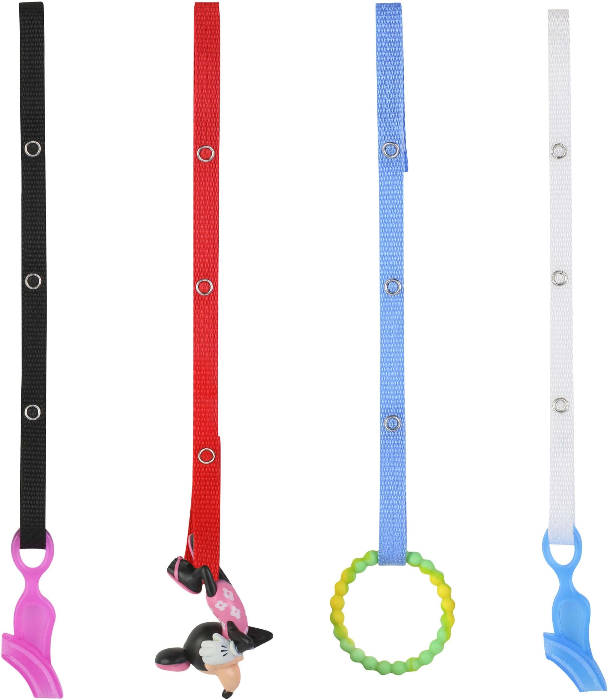 Baby Buddy Secure-A-Toy, Safety Strap Secures Toys, Teether, or Pacifiers to Strollers, Highchairs, Car Seats—Adjustable Length to Keep Toys Sanitary Clean Blue/White/Navy/Red 4 Count