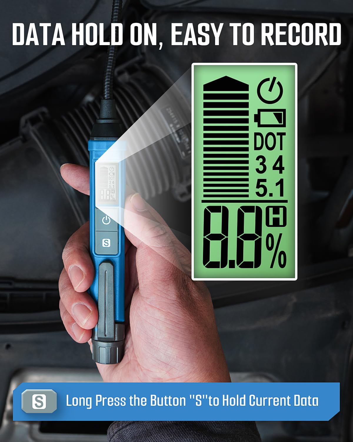The data hold function of the TESMEN TBF-200 Brake Fluid Tester, allowing users to freeze the current measurement on the display.