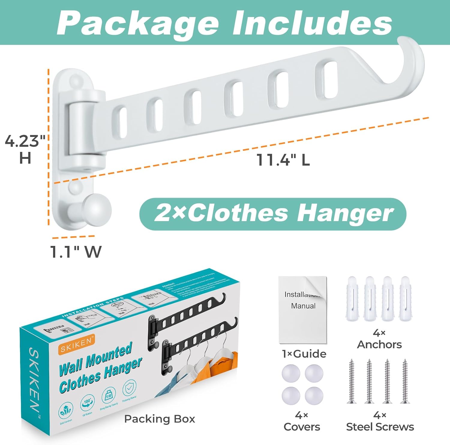 Laundry Drying Rack Wall Mounted - Swing Arm Clothes Hanger with 6-Hole, 180° Rotation Coat Hanger Holder, Foldable Valet Hook for Laundry Closet (2-Pack, White)