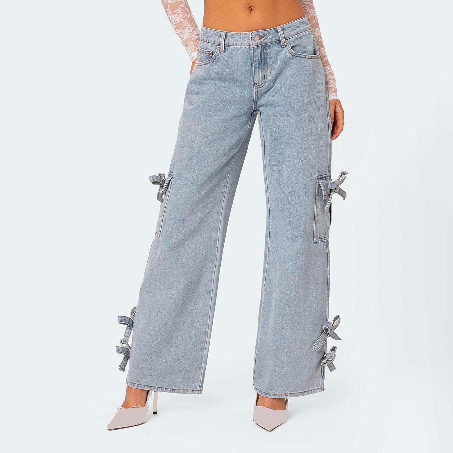 Akklian Y2k Cute Bow Jeans for Women Fairy Wide Leg Denim Pant Baggy Straight Leg Mid Rise Jeans Teen Girls Casual Streetwear