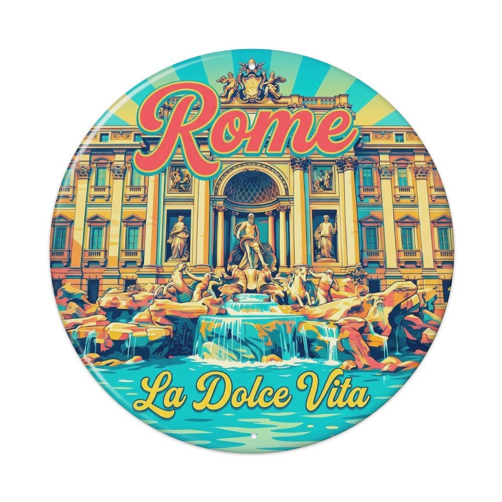 Vintage Travel Italian Capital Historic Metal Tin Sign Plaque Wall Decor for Cafe, Club Bar, Office, Home Garden Round Metal Poster 8x8Inch