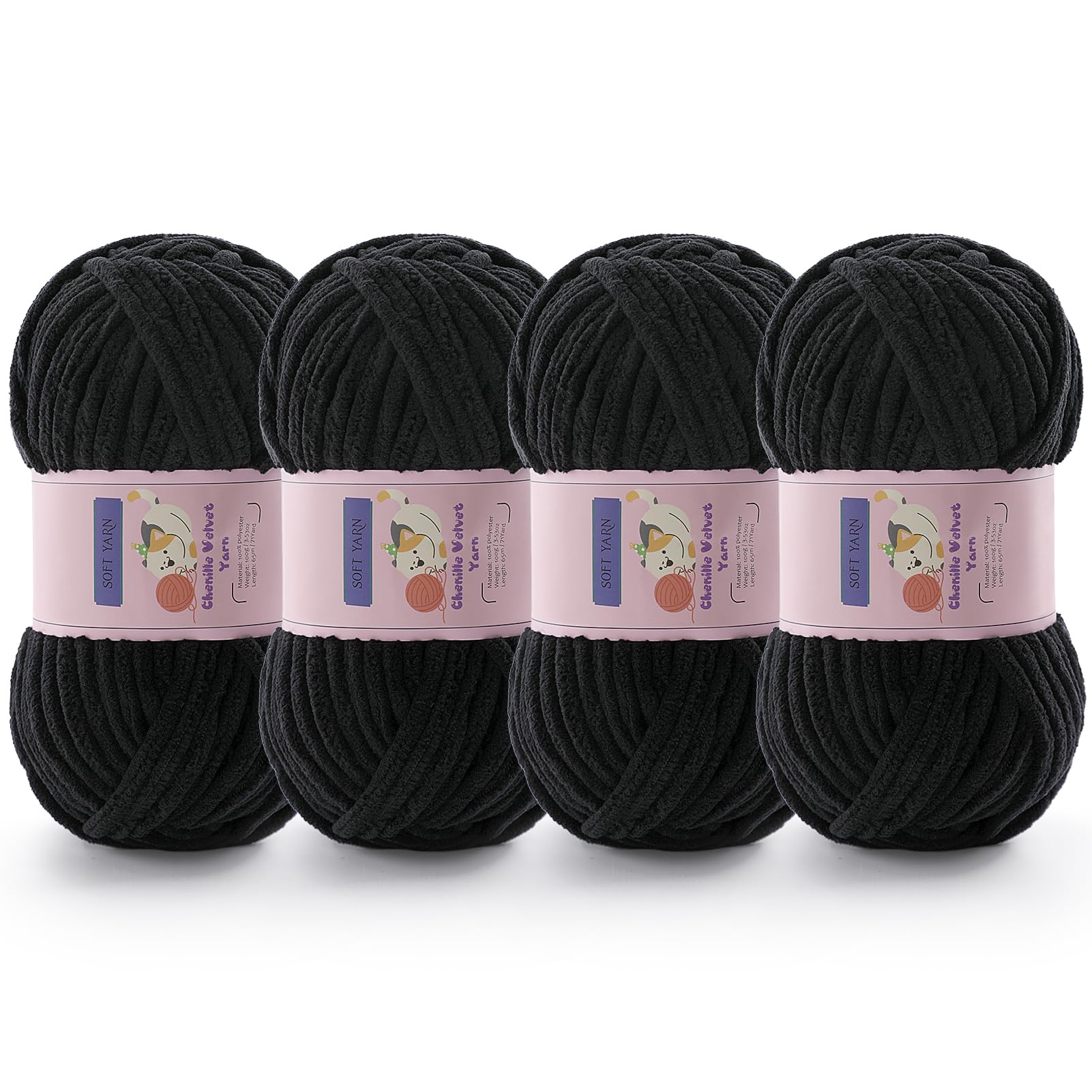 Chunky Chenille Yarn for Crocheting, #6 Black Baby Blanket Yarn for Crochet