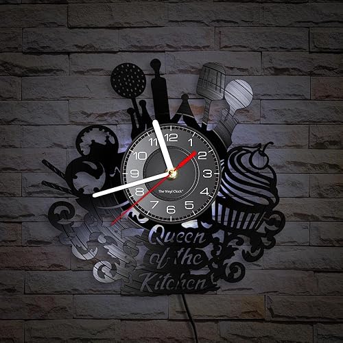 Miniatura 3 de Reloj de pared de disco de vinilo de cocina de 12 pulgadas con 7 modos luminosos, moderno, decorativo, silencioso, de cuarzo, sin tictac, negro,