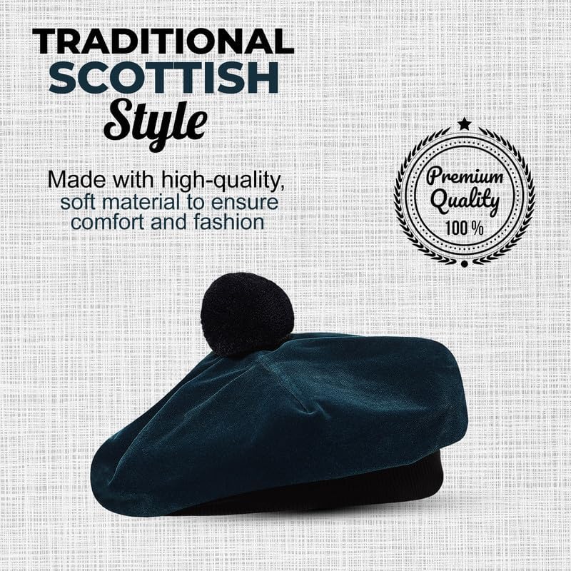 Image of Scottish Tam O' Shanter Hat Tartan Bonnet Pom Pom Wool Flat Cap One Size