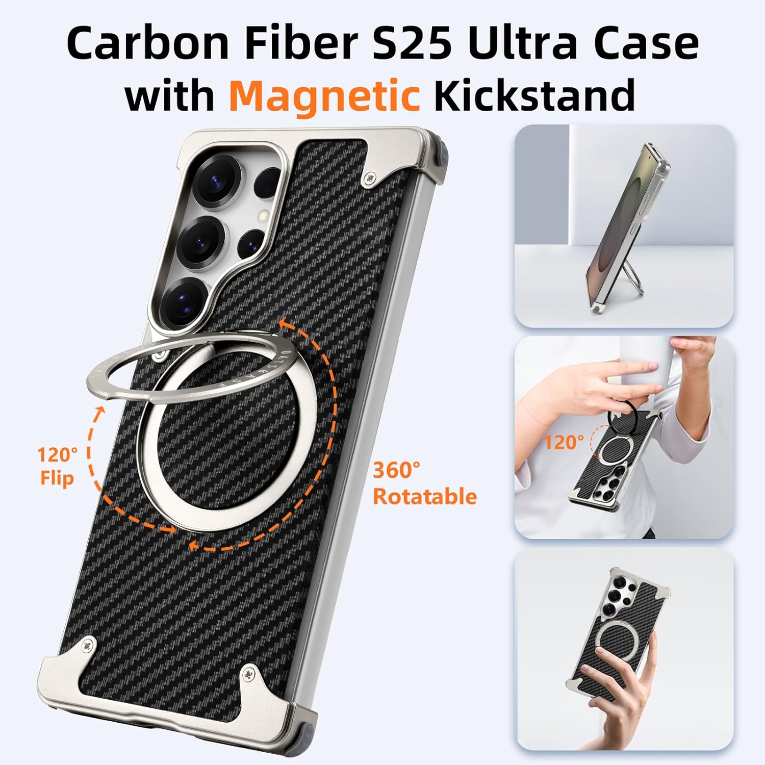 S25 Ultra Case Carbon Fiber with Kickstand, Slim Frameless for Samsung Galaxy S25 Ultra Case for Magsafe, Magnetic Protective Phone Cover for Samsung S25 Ultra for Men Women 6.86 Inch, Sliver