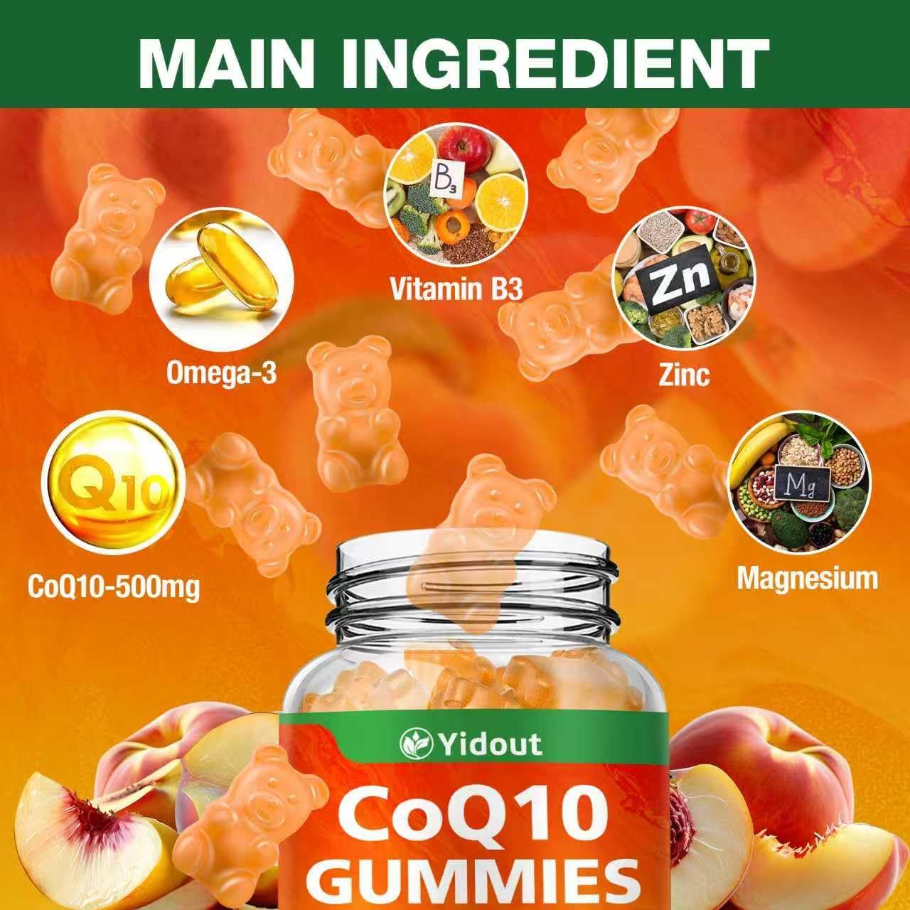 CoQ10 500MG Gummies - Plus Omega-3, Vitamin B3, Zinc, Magnesium - High Absorption Coenzyme Q10 Supplements for Heart Health, Cellular Energy, & Antioxidant Support, Peach Flavor (60 Count（Pack of 2）)