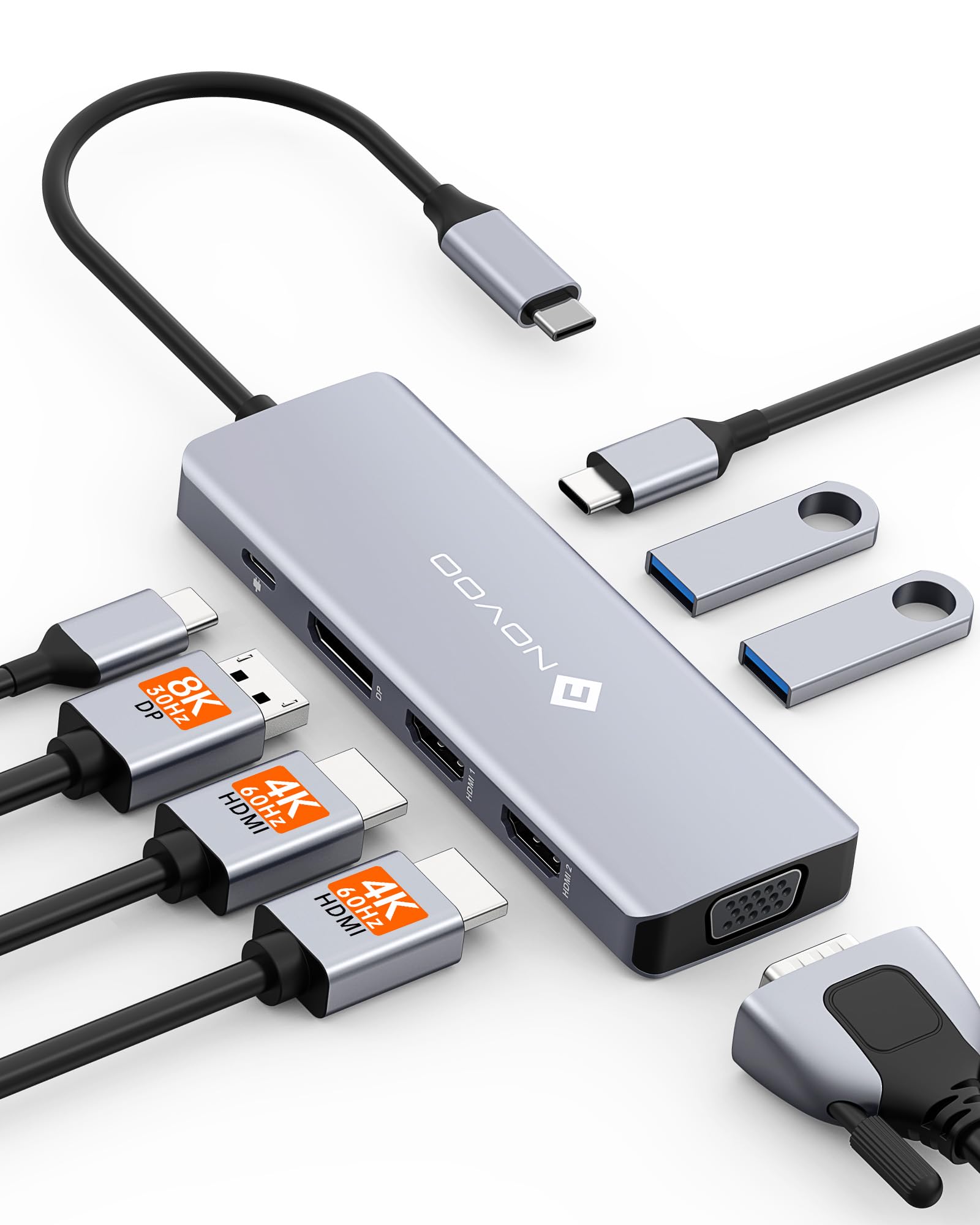 NOVOO Stacja dokująca USB C, 8 w 1 hub USB C do podwójnego HDMI, Displayport 4K@120 Hz, VGA, USB C 3.1, USB A 3.1, PD 100 W, poczwórne stacje dokujące wyświetlacz do MacBook HP Lenovo Dell