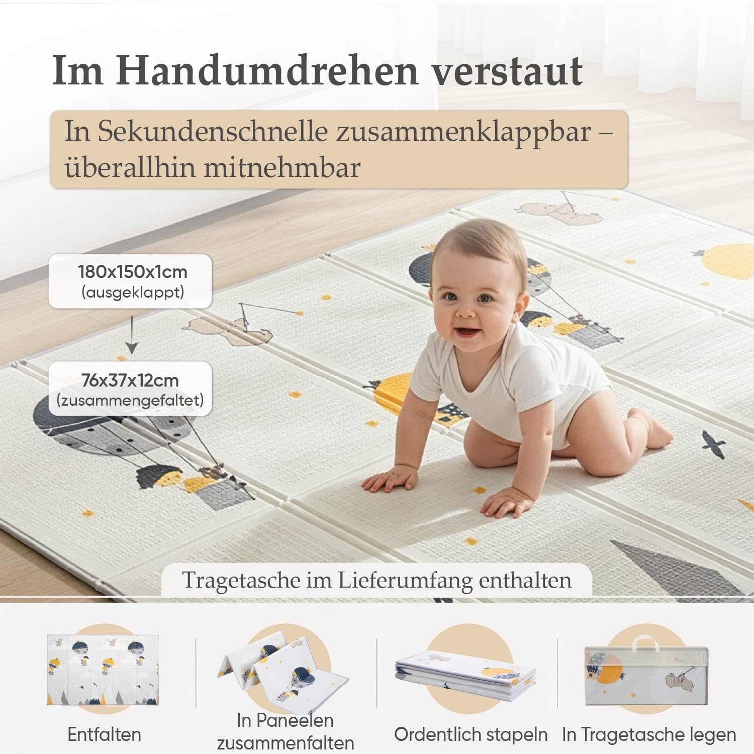 Spielmatte Baby | Krabbelmatte Baby Faltbar mit Tragetasche | Schadstofffreier, Rutschfeste, Wasserfester XPE Schaum | 180x150 cm boden spielmatte kinder für Innen und Außen