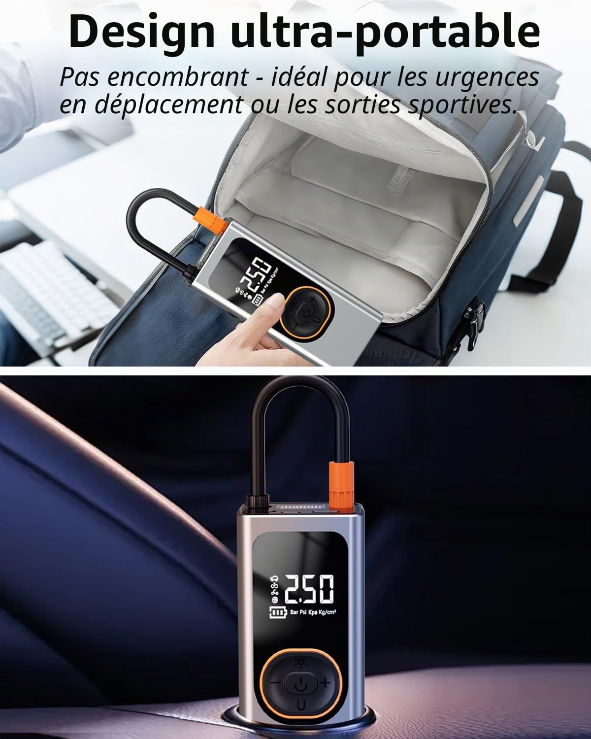 Compresseur à Air Portatif, 150 PSI Gonfleur Électrique sans Fil Mini Compresseur Voiture avec Power Bank 6000mAh, Écran LCD Numérique & LED pour Vélo, Moto, Scooter et Ballons