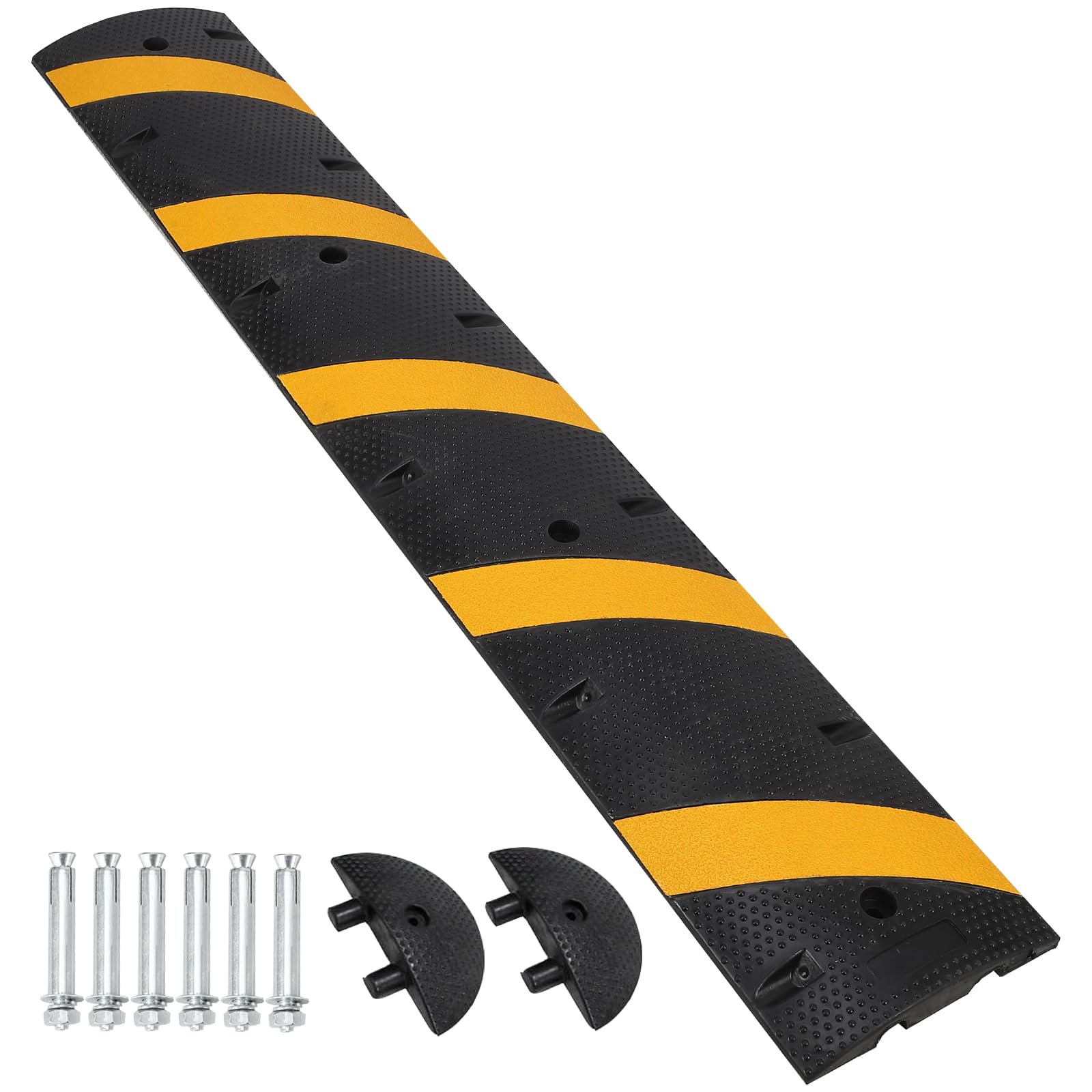 84'' Rubber Speed Bump, 1 Pack 2 Channel Modular Heavy Duty Speed Bumps Humps 25000 lbs Load Capacity, Cable Protector Ramp with 2 End Caps for Asphalt Concrete Gravel Driveway Road