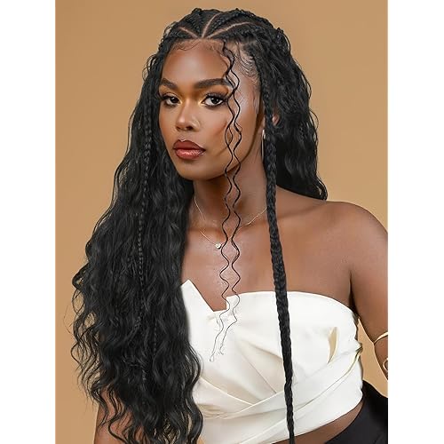 Fancy Hair 13×6 Lace Front Braided Wigs for Black Women 26 Inch Handmade Cornrow Curly Hair Fulani Wig with Face Framing Boho Hair Pre Plucked Glueless Lace Frontal Boho Braids Wig with Baby Hair