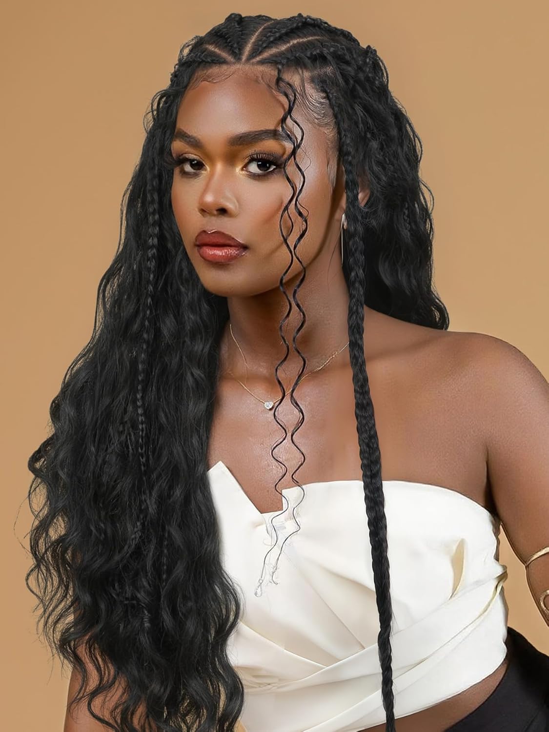 Fancy Hair 13×6 Lace Front Braided Wigs for Black Women 26 Inch Handmade Cornrow Curly Hair Fulani Wig with Face Framing Boho Hair Pre Plucked Glueless Lace Frontal Boho Braids Wig with Baby Hair