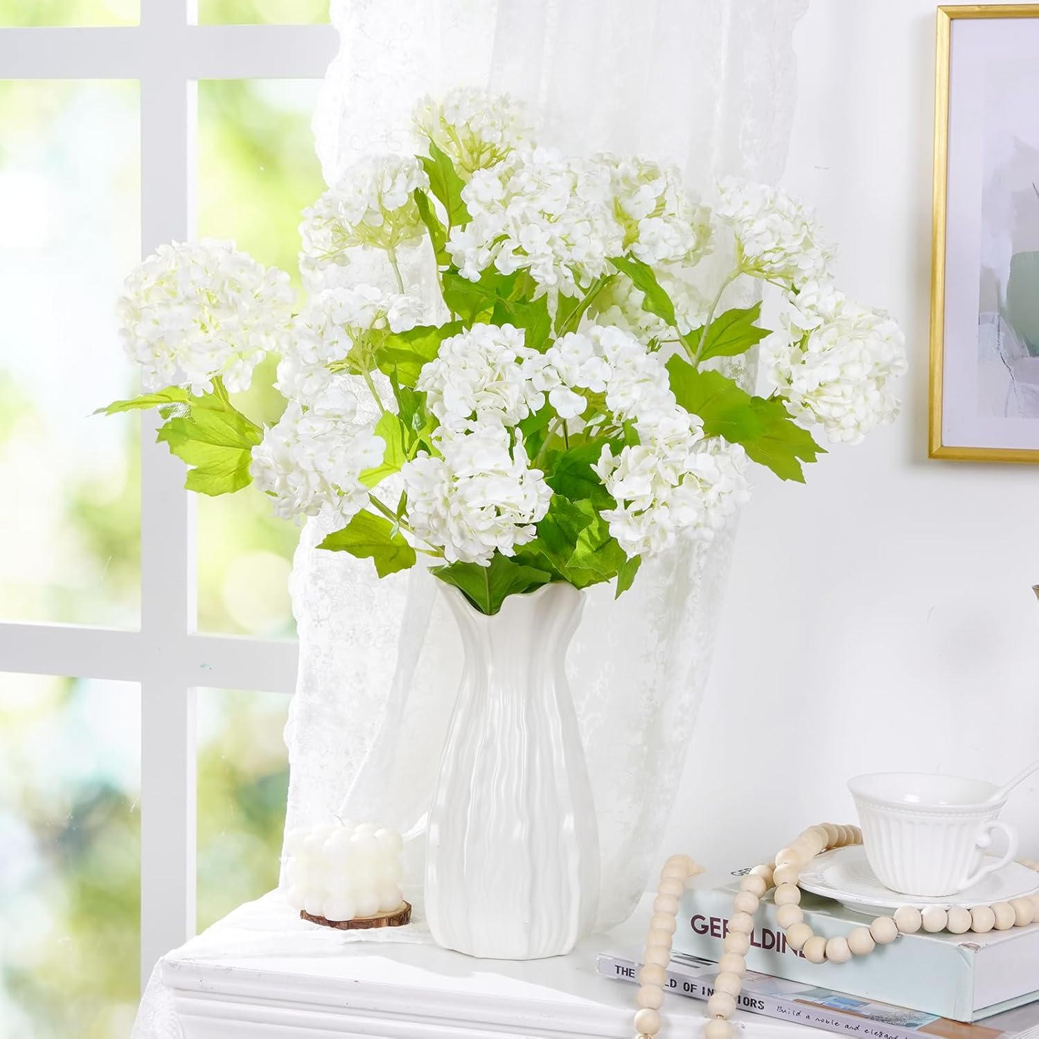 Waipfaru 4PCS Hydrangea Artificial Flowers, Real Touch Flowers, 26.8" Faux Hydrangea Flowers, Latex Real Touch Hydrangeas, Fake Flowers for Home Decor Party Bouquet Wedding Decoration, White - Image 3