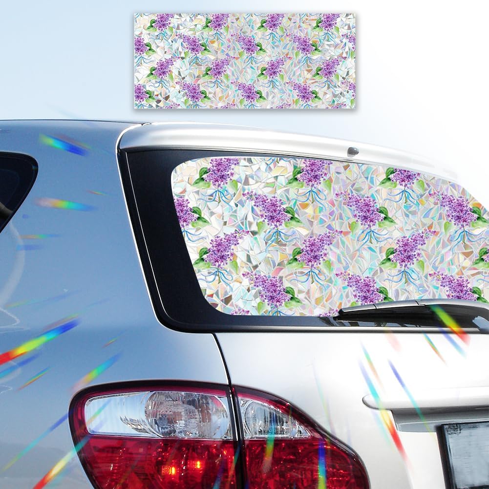 Lilacs Flower Window Privacy Film Rainbow Film Decorative Window Sticker for Car Sunroof, 3D Static Stained Glass Cling Tint for Home Office Car Heat Control Non-Adhesive, 16.93 x 39.37 Inch