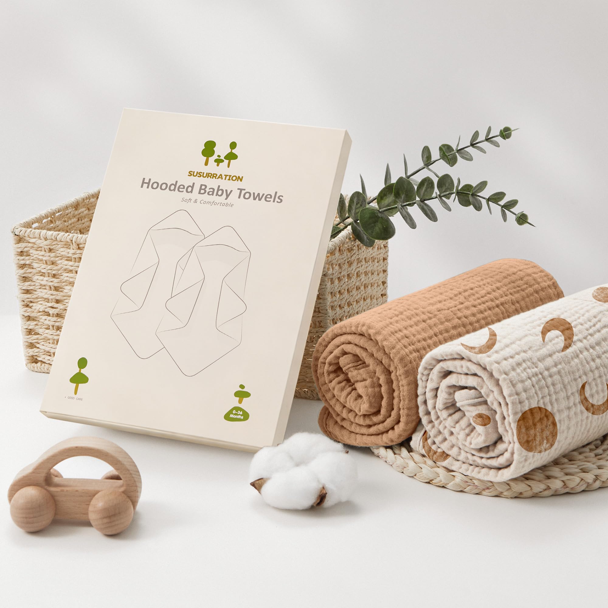 Susurration Lot de 2 Serviettes de Bain à Capuche pour bébé en Mousseline de Coton Doux et Absorbant avec Capuche (Lune Brune)