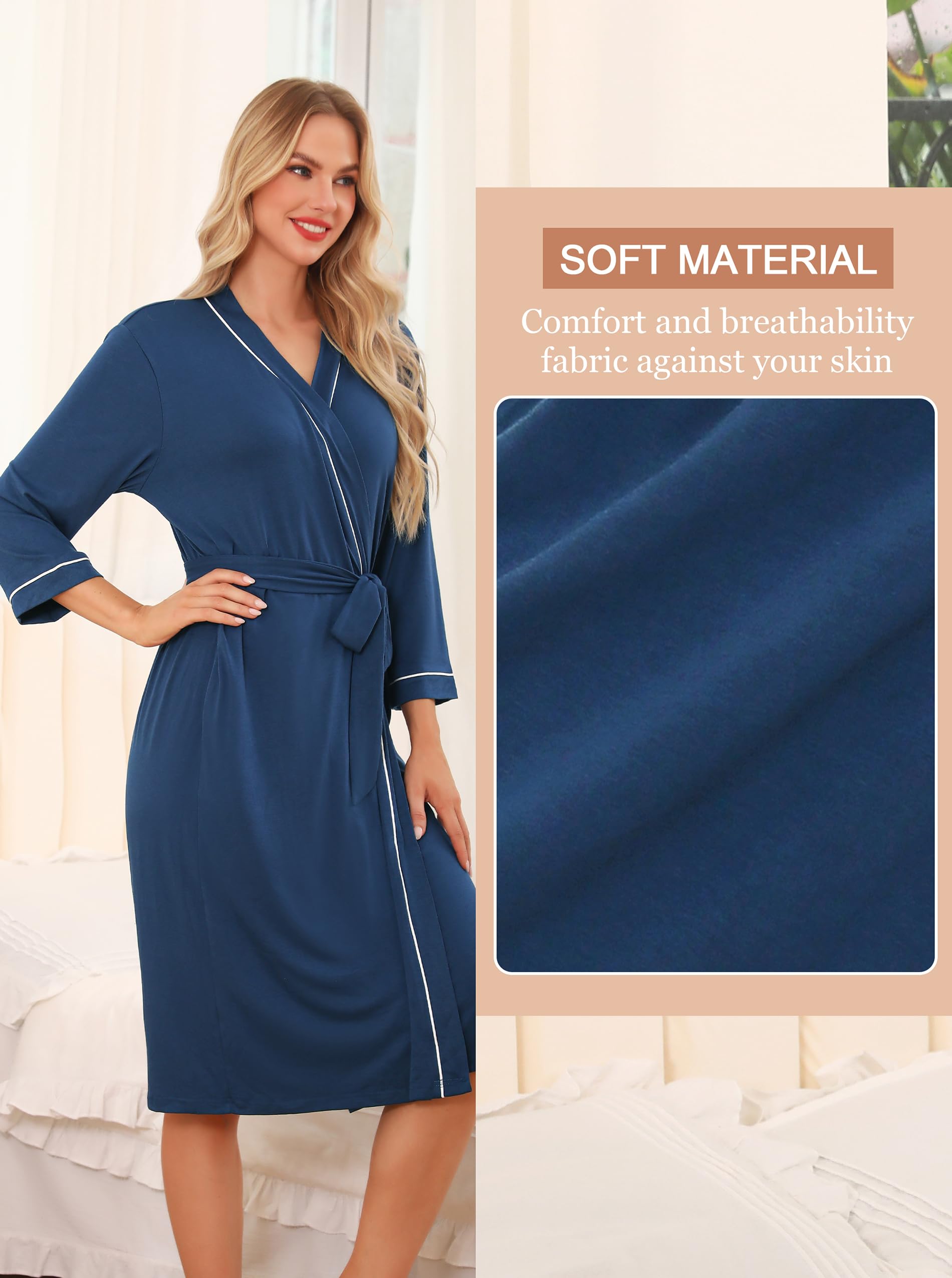 Wikoan Peignoir de Bain Tricoté Robes Longues pour Femmes Robe de Chambre Col V Léger et Doux Sortie de Bain pour Toutes les Saisons Peignoir Piscine S-XXL