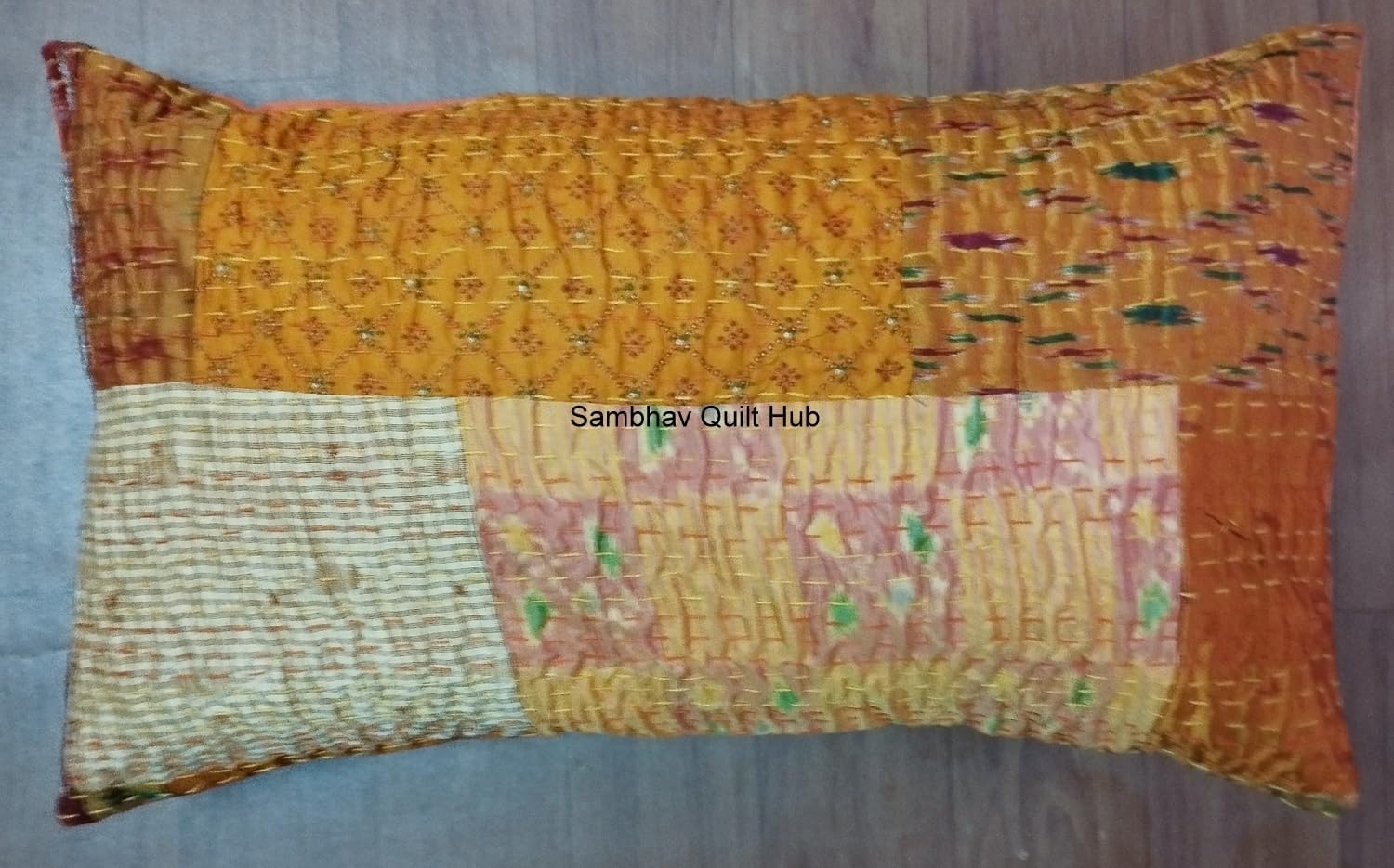 Handmade Vintage Silk Sari Patchwork Kantha Quilt Sofa Throw Vintage Home Decorative Lumbar Boho Throw Pillow Cover (Orange, 20X26 inch)