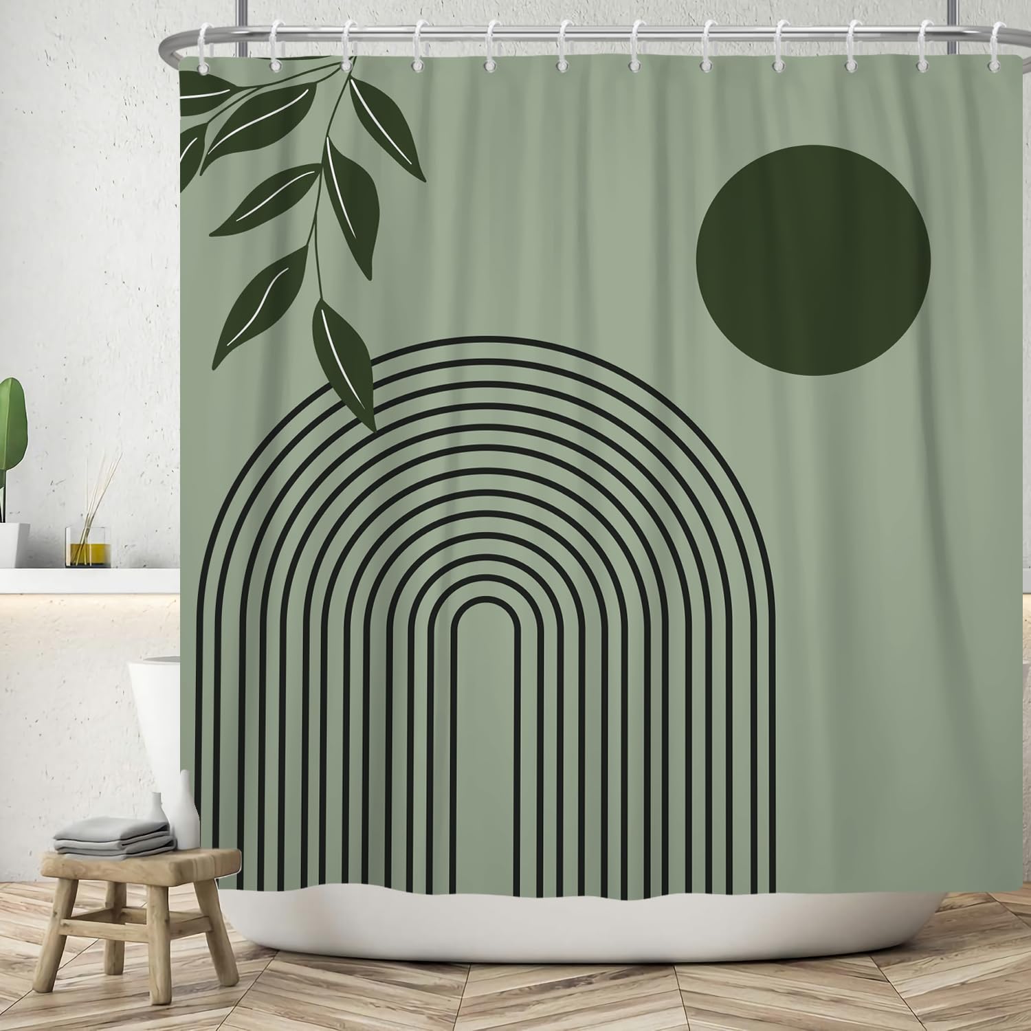 ASDCXZ Boho Shower Curtain 90x180 cm, Modern Abstract Art Green Leaves Sun Line Sage Green Bath Washable Shower Curtains Polyester Textile Waterproof Bath Curtain for Bathtub with 6 Hookss — image 1