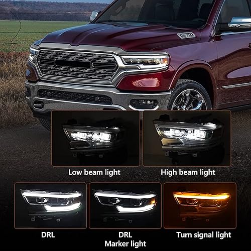 Miniatura 9 de FIONE Para Dodge Ram 1500 LED Conjunto de faros delanteros 2019 2020 2021 2022, cubierta negra con lente de condensador, conjunto de faros