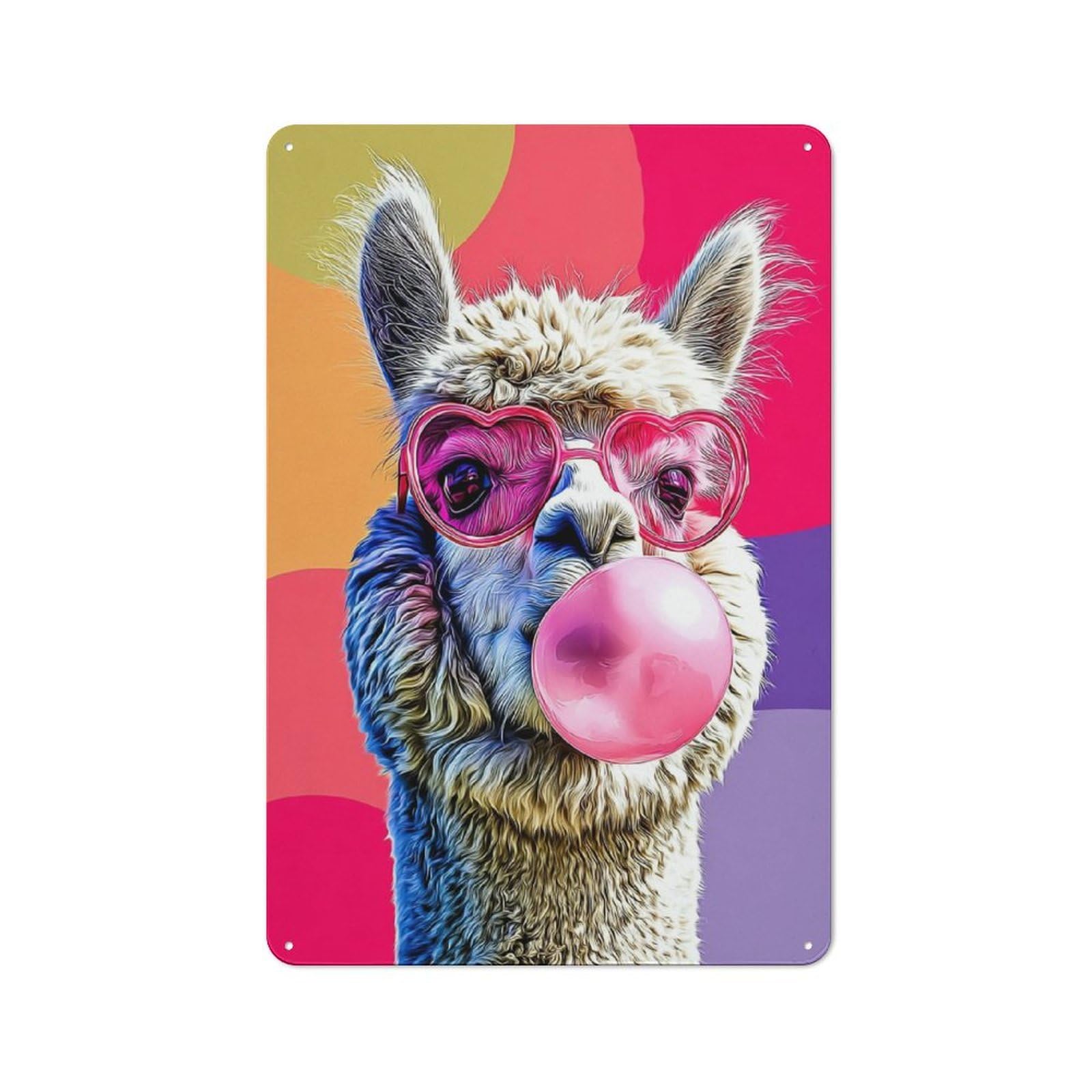 Junmoney Alpaca With Heart Glasses Blowing Bubble Gum Rustic Metal Plaque 30X20cm For Hobby Room Or Studio, For Creative Interior Collectors