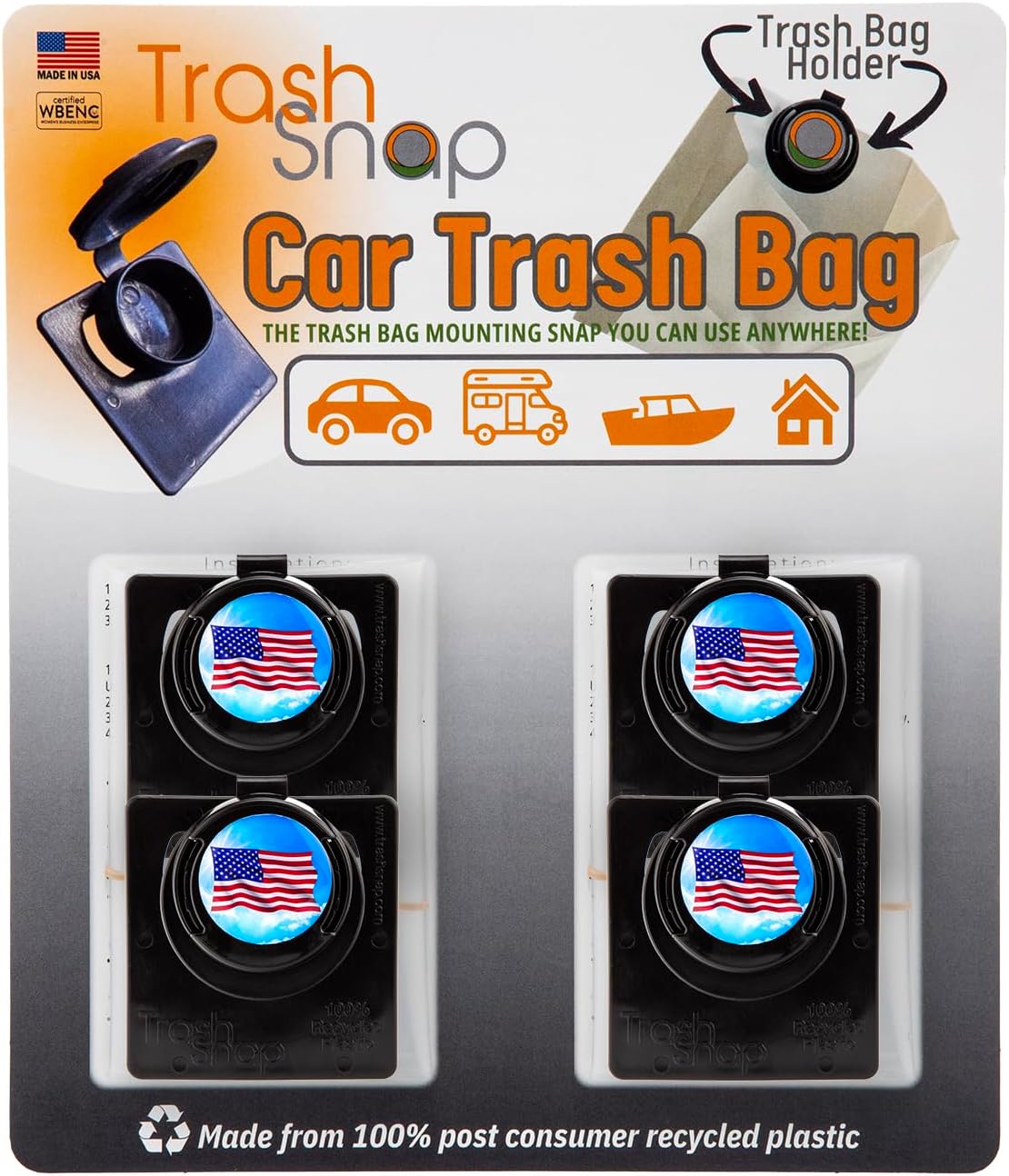 Reusable Bag Holders for Trash & Recycling | Eco-Friendly, Adhesive Clip System for Car, RV, Home, Travel, Boat | Recycled Plastic Old Glory + Softball - 6 Pack image 2