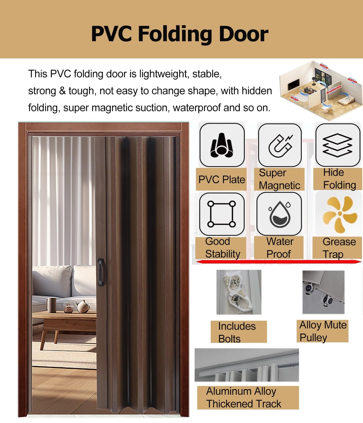 Porta pieghevole per interni dell'armadio, fisarmonica multipla in PVC marrone con vetro acrilico e accessori di installazione, per ufficio, hotel, ristorante, cucina (99 x 203 cm)