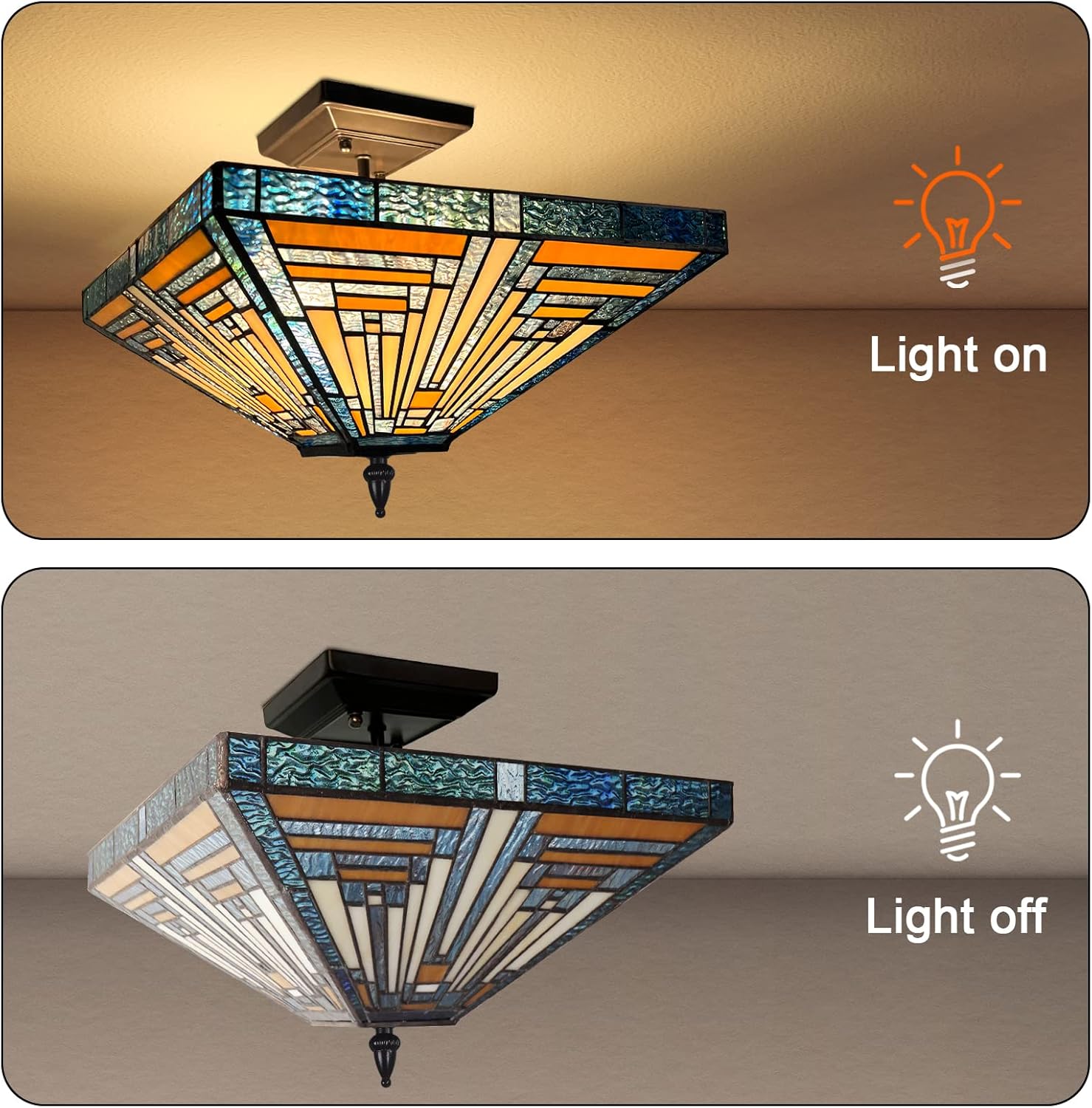 Capulina Tiffany Lamp Stained Glass Ceiling Light 2 Light 14 Inches Wide Blue Amber Tiffany Style Semi Flush Mount Ceiling Lamp for Kitchen Porch Entryway Bathroom Hallway