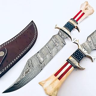 : CUSTOM HAND MADE DAMASCUS STEEL COLLECTIBLE GUTT KNIFE HANDLE MATERIAL BONE USA FLAG ACID ACHING (STAR) - NoonKnives