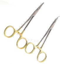 Premium German Stainless- Set of 2 PCS Gold Handle Mosquito Locking HEMOSTAT Forceps Straight + Curved 5"-Cynamed