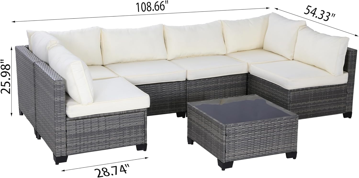 All-Weather 7-Piece Gray PE Wicker Patio Conversation Set with Beige Cushions and Coffee Table