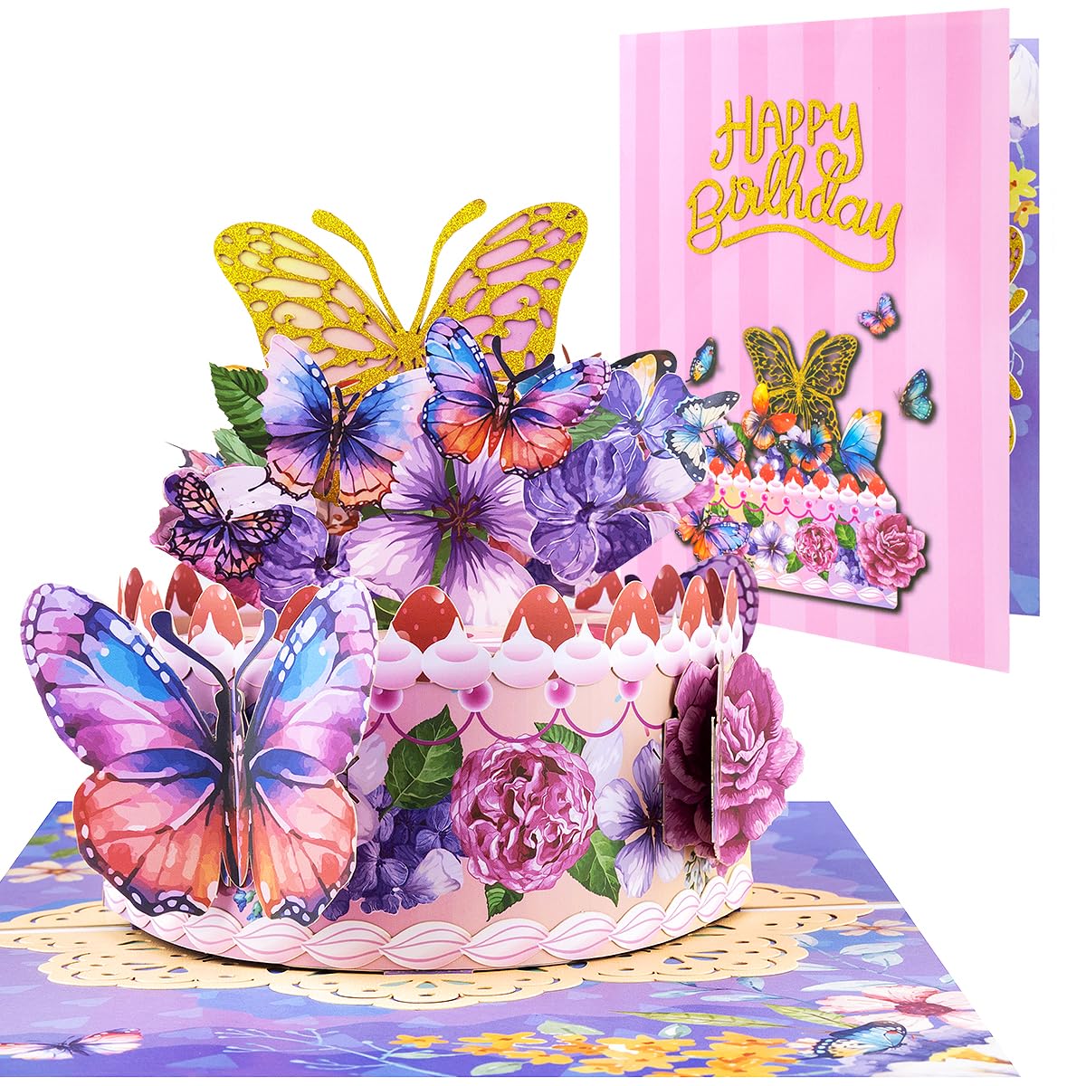 CNLITIHEKA Butterfly Cake Pop Up Card for Women, Pop Up Flower Greeting Card - Butterfly Theme, for Any Occasion, Mother's Day, Valentines Day, Birthday, Anniversary, Get Well, Includes Envelope.