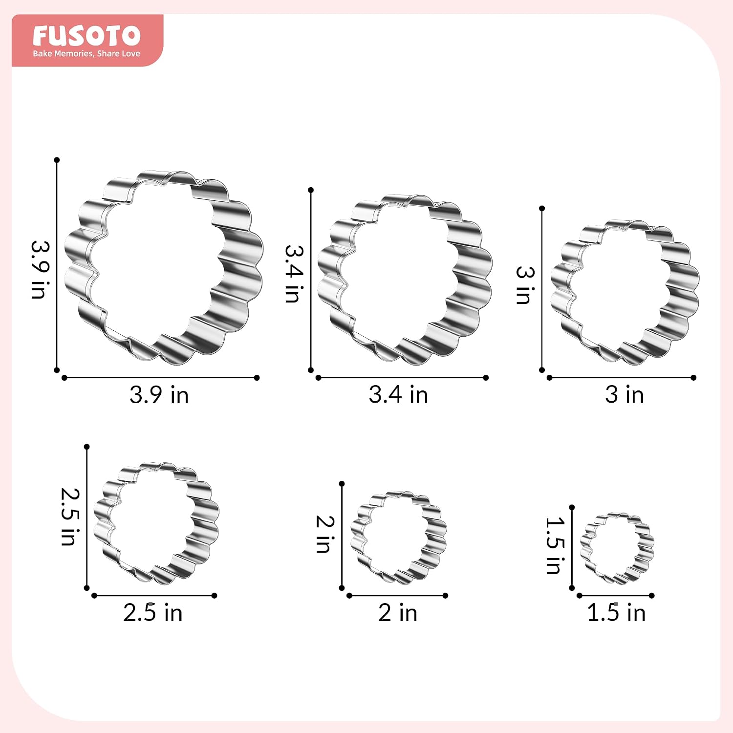 FUSOTO 6PCS Circle Cookie Cutter Set, Round Shaped, 1.5-4 Inch