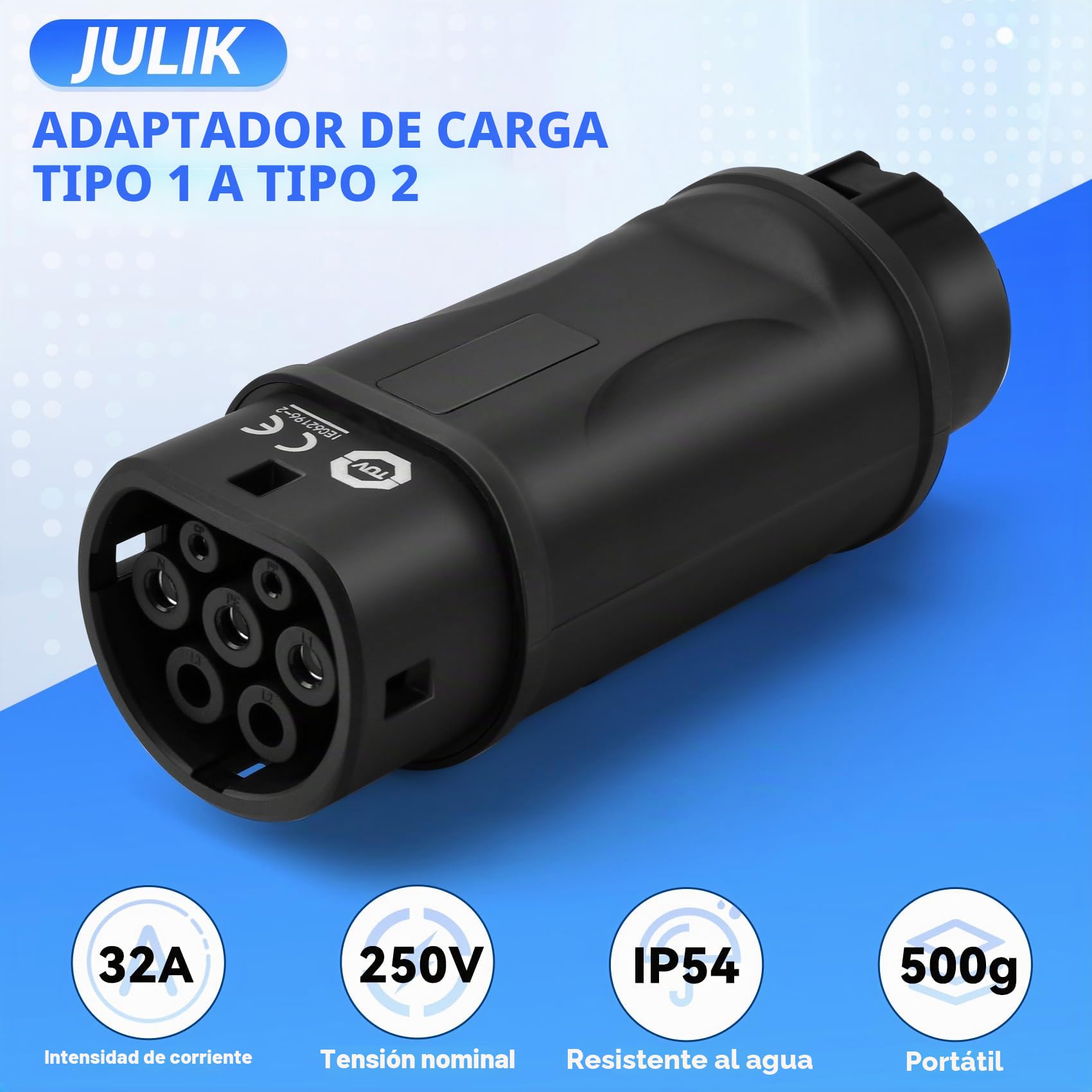 JULIK Adaptador Tipo 1 a Tipo 2 (SAE J1772 a IEC 62196) - 32A 7.2kW, IP54 Impermeable, Convertidor para Cargar Coche Tipo 2 EV/PHEV en Estaciones Tipo 1
