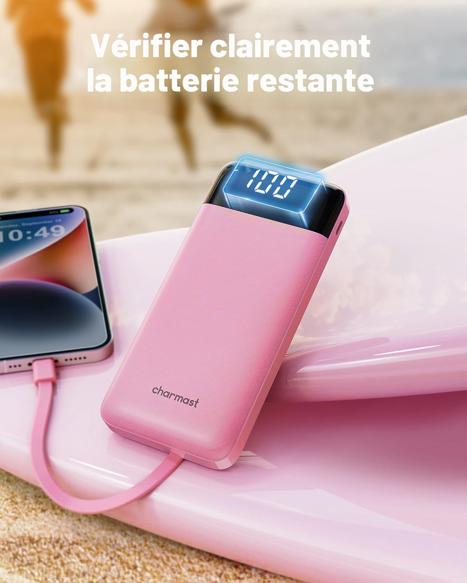Charmast Batterie Externe 10000mAh avec 4 Câbles Intégrés Batterie Portable USB C Mince Power Bank avec 6 Sorties et 3 Entrées pour iPhone 12 13 11 Samsung S21 S22(Rose)