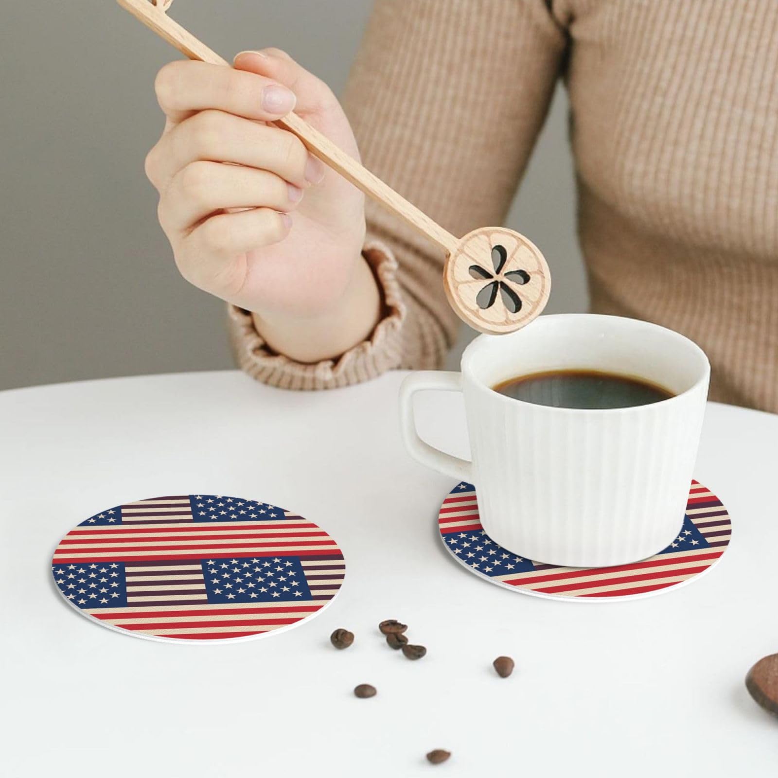 Bwlhjke Round Shape American Flags Coasters Set Of 4, Leather Coasters For Drinks Absorbent Drink Coaster Gifts Cup Mat For Tabletop Protection Cup Coaster For Coffee Table