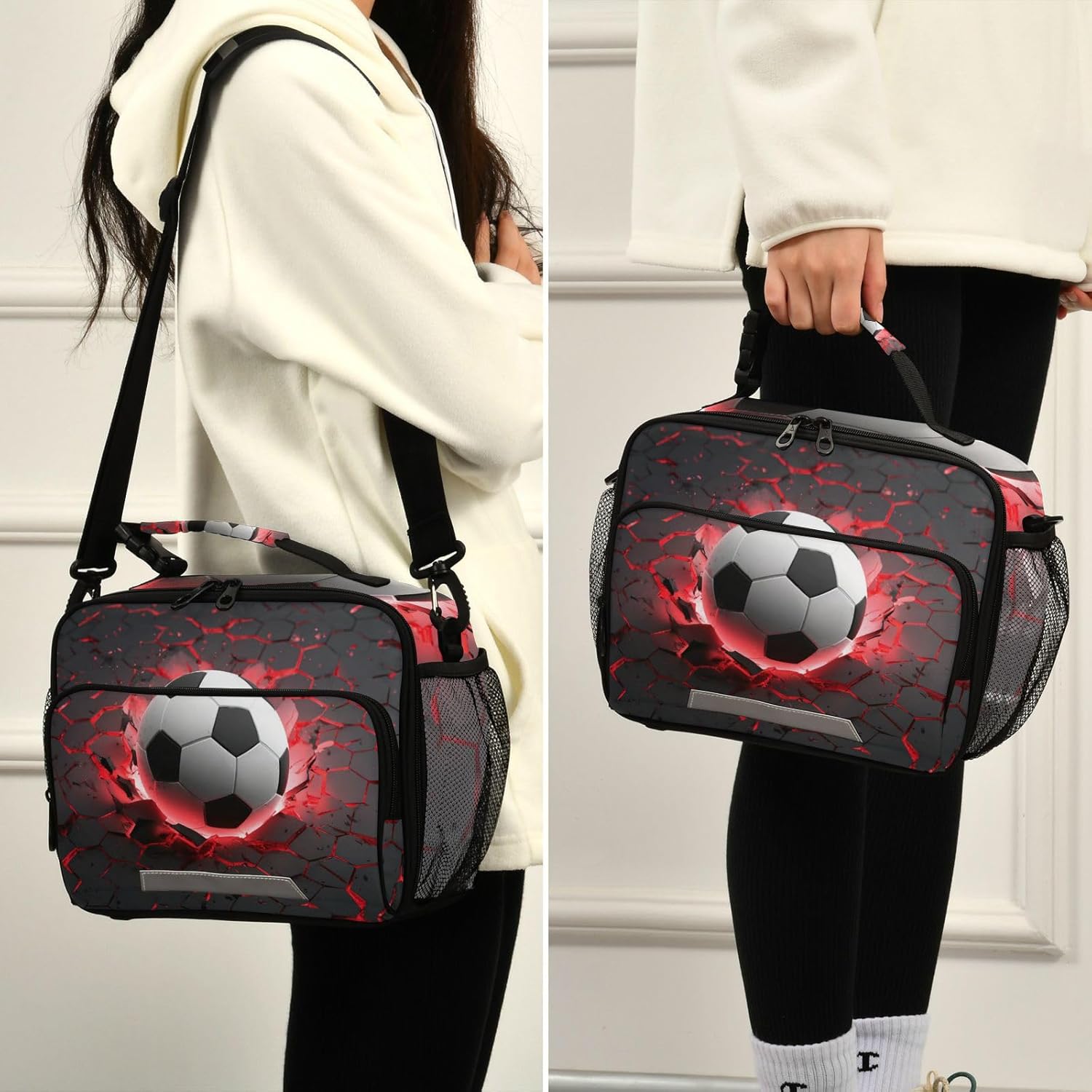 Dussdil Soccer Ball Red Lighting Lunch Bags for Boy Men Lunch Box Insulated Thermal Cooler Bag Reusable Organizer Tote Lunch Bag with Adjustable Shoulder Strap for Work Picnic Beach Sporting - Image 5