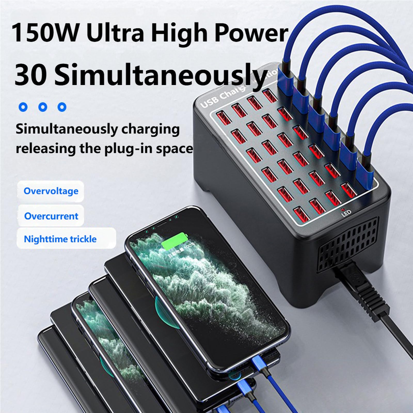 Stacja ładująca dla wielu urządzeń. Szybkie ładowanie 2,5 godziny. Inteligentne chłodzenie. Łatwe przenoszenie. Ładowanie kompatybilne ze wszystkimi USB 25-Port-150W