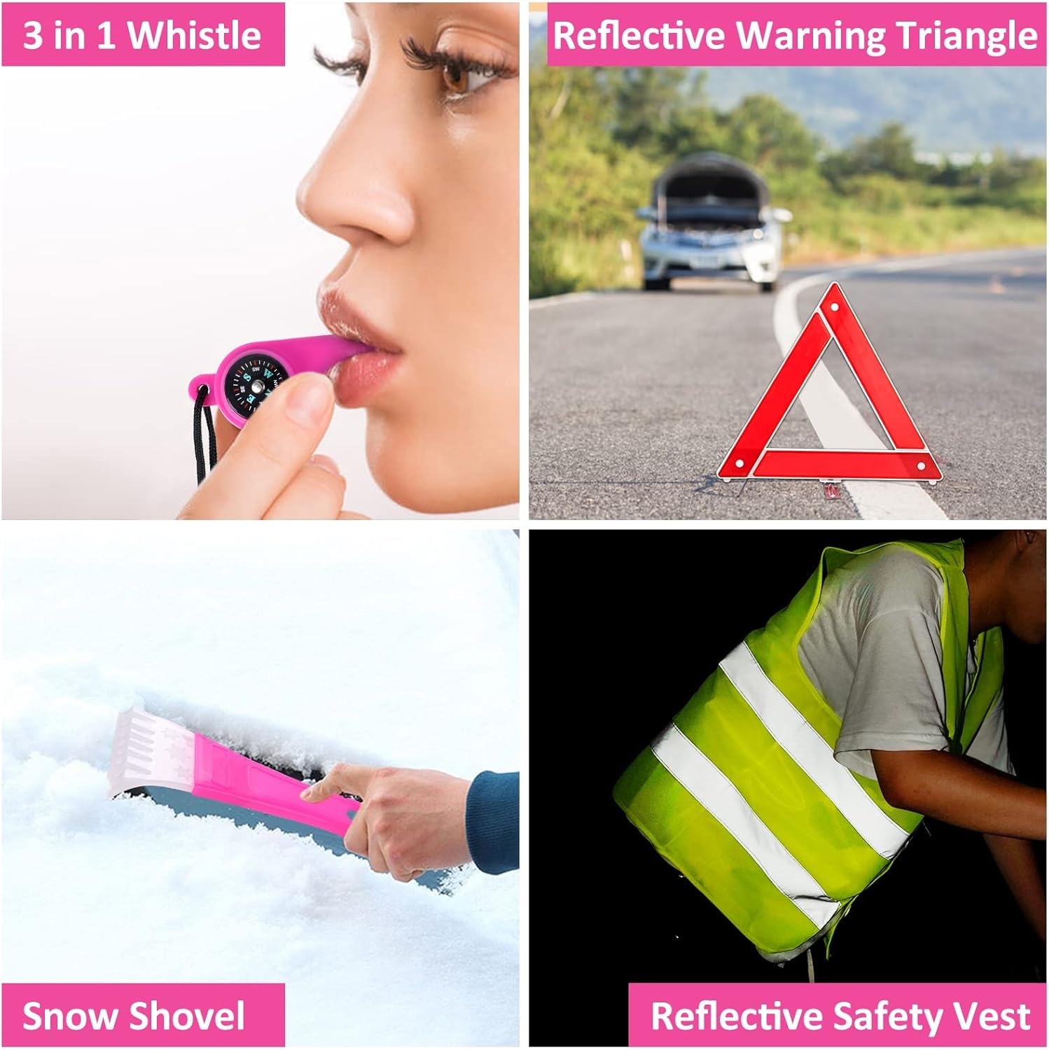 Car Roadside Emergency Kit – różowy asystent ze skoczkami, zestaw narzędzi do naprawy samochodu, gwizdki jelenia, zimowa pomoc w bezpieczeństwie dla nastolatek i kobiet