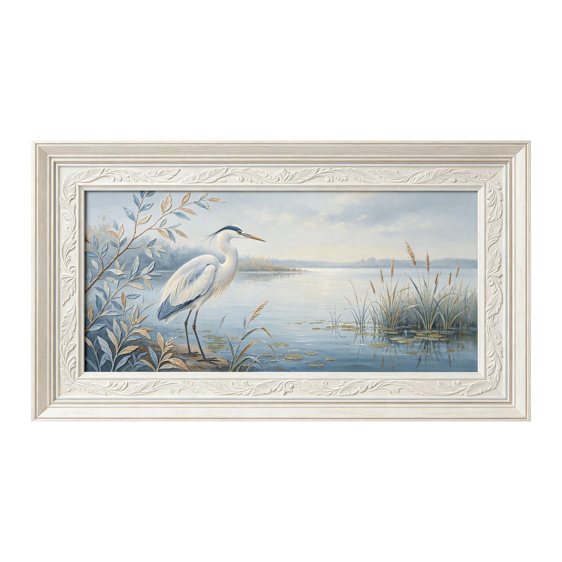 Murasolite 3D Framed Wall Art Lake Heron Landscape Oil Painting SelfAdhesive Fabric Mural Wall Decor， Peel and Stick No Damage to Wall， AntiFall Safe Design for Bedroom Living Room