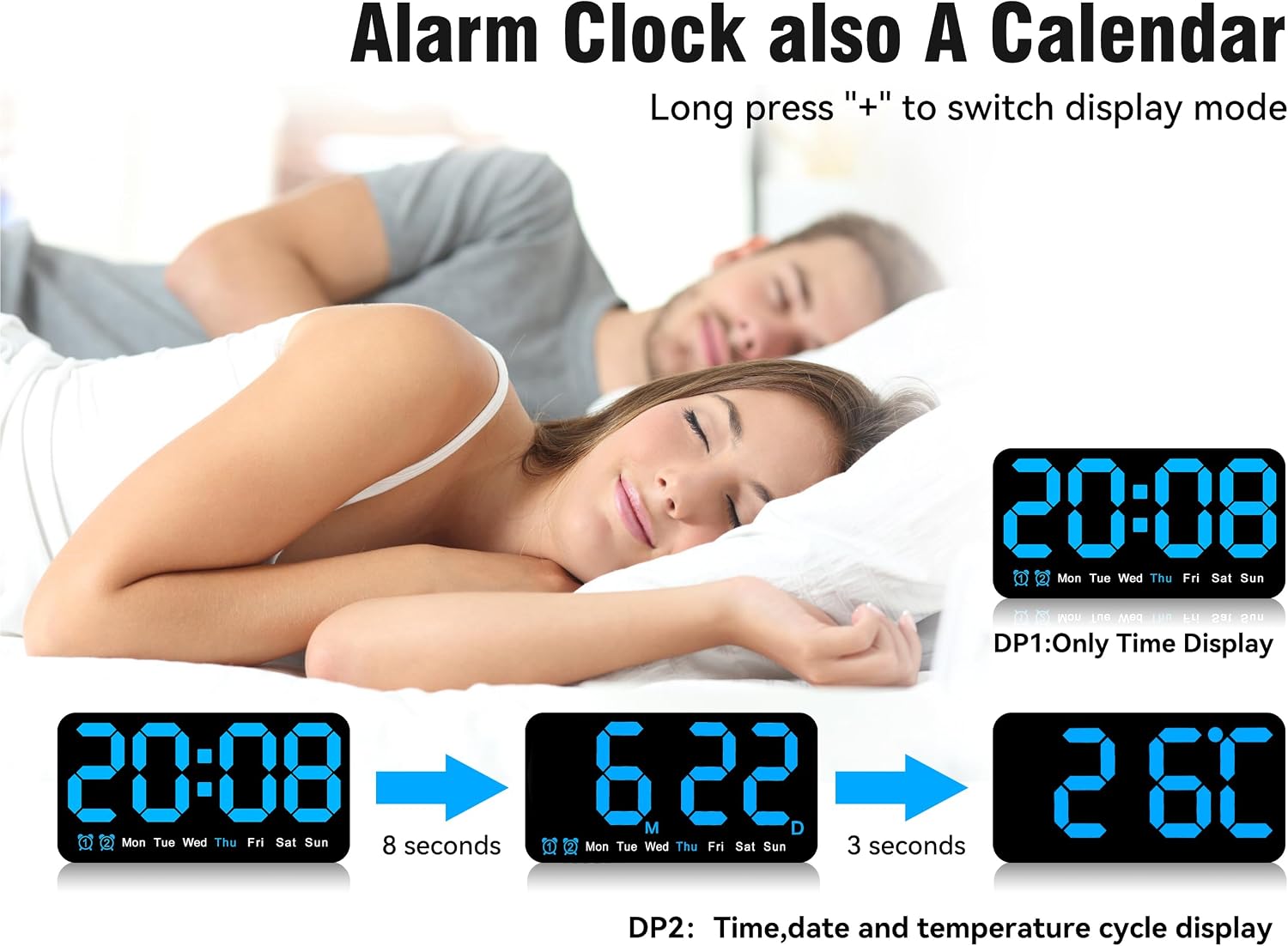 9.5 Inch Large Digital Wall Clock with LED Display, Auto DST, Dual Alarm with Snooze, Adjustable Brightness, Temperature & Date Display, Wall Mount or Desk Clock for Bedroom, Living Room, Office,-Blue