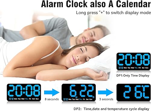 Miniatura 4 de Triangle Plum Reloj de pared digital grande, 9.5 pulgadas, despertador LED con dígitos grandes, DST, alarma doble, brillo de 3 niveles para sala de