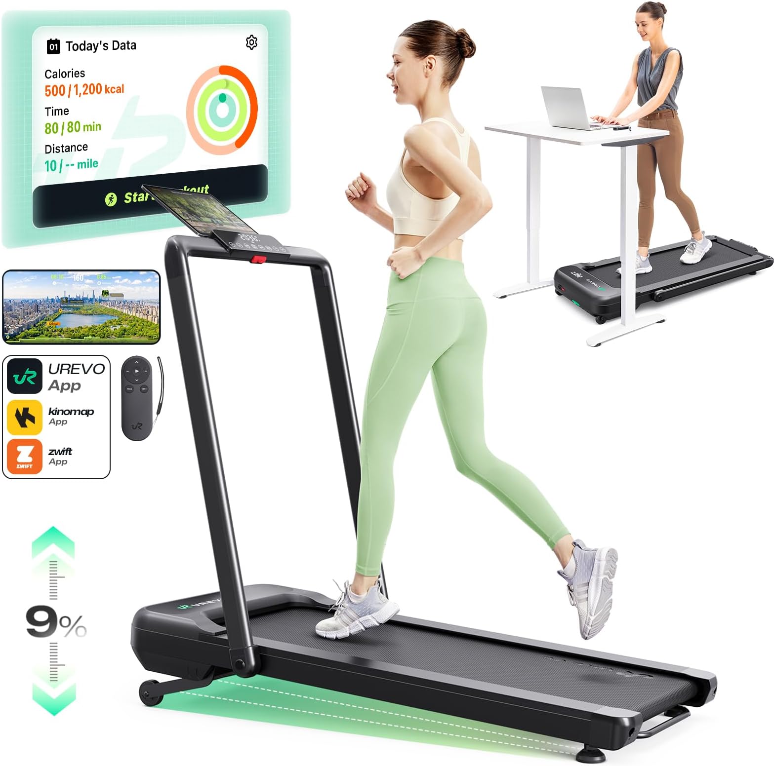 - Smart Treadmill with 9% Auto Incline, Hiking and Running Walking Pad Treadmills for Home Office, Treadmill with UREVO APP, AI Powered Music Course, HIIT Programs Synced to Scenic Route, One-Click Mute